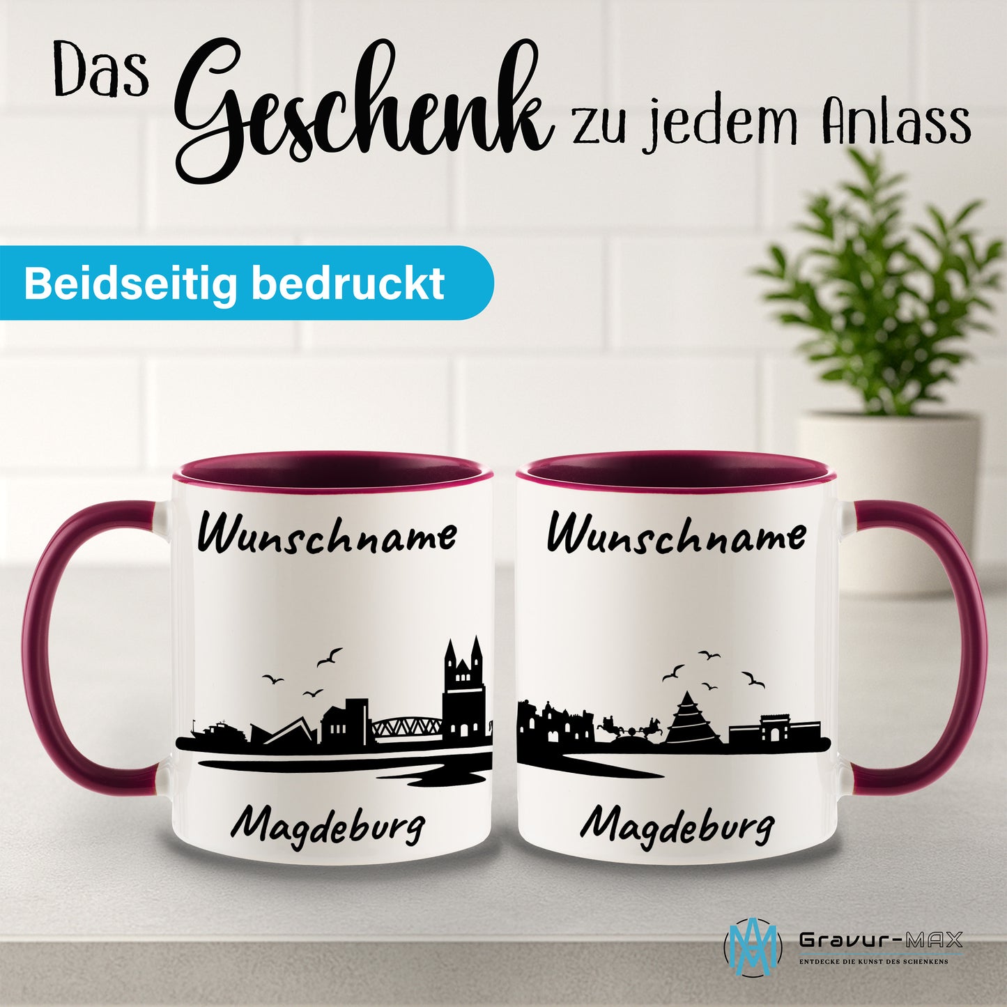 Tasse in Bordeauxrot 330ml bedruckt mit der Skyline von Magdeburg personalisierbar mit Wunschname