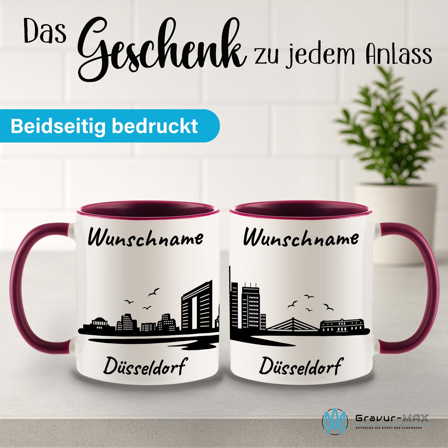 Tasse in Bordeauxrot 330ml bedruckt mit der Skyline von Düsseldorf personalisierbar mit Wunschname