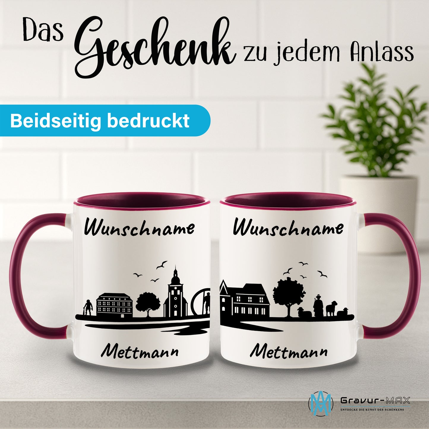 Tasse in Bordeauxrot 330ml bedruckt mit der Skyline von Mettmann personalisierbar mit Wunschname