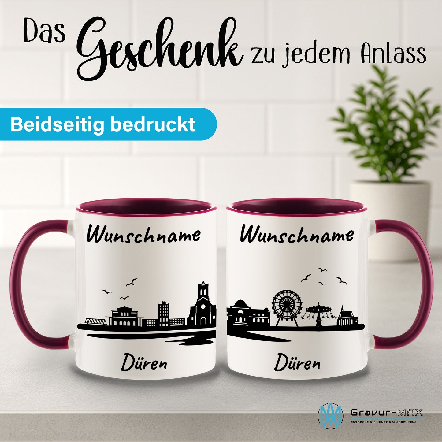 Tasse in Bordeauxrot 330ml bedruckt mit der Skyline von Düren personalisierbar mit Wunschname