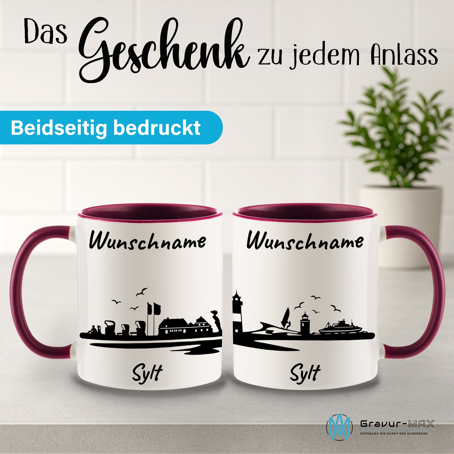 Tasse in Bordeauxrot 330ml bedruckt mit der Skyline von Sylt personalisierbar mit Wunschname