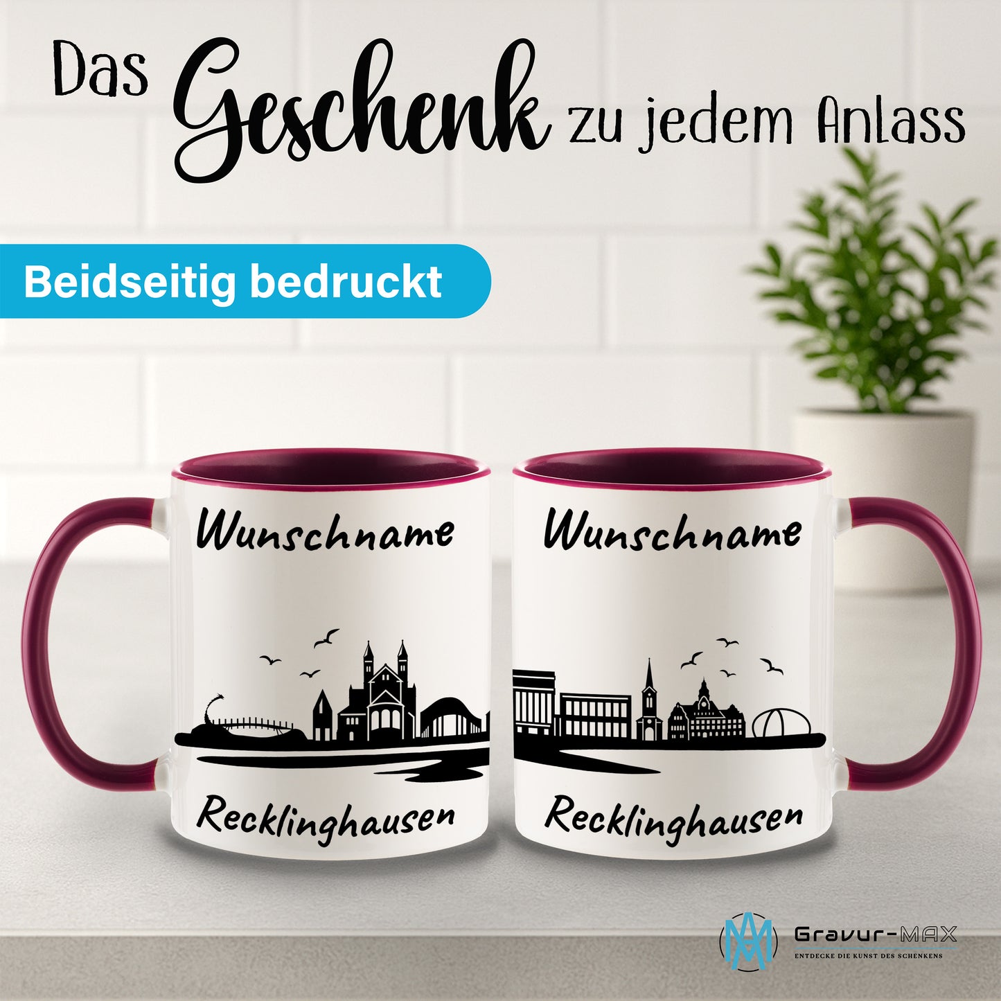 Tasse in Bordeauxrot 330ml bedruckt mit der Skyline von Recklinghausen personalisierbar mit Wunschname