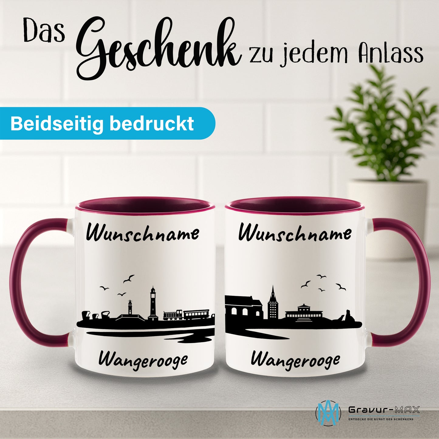Tasse in Bordeauxrot 330ml bedruckt mit der Skyline von Wangerooge personalisierbar mit Wunschname