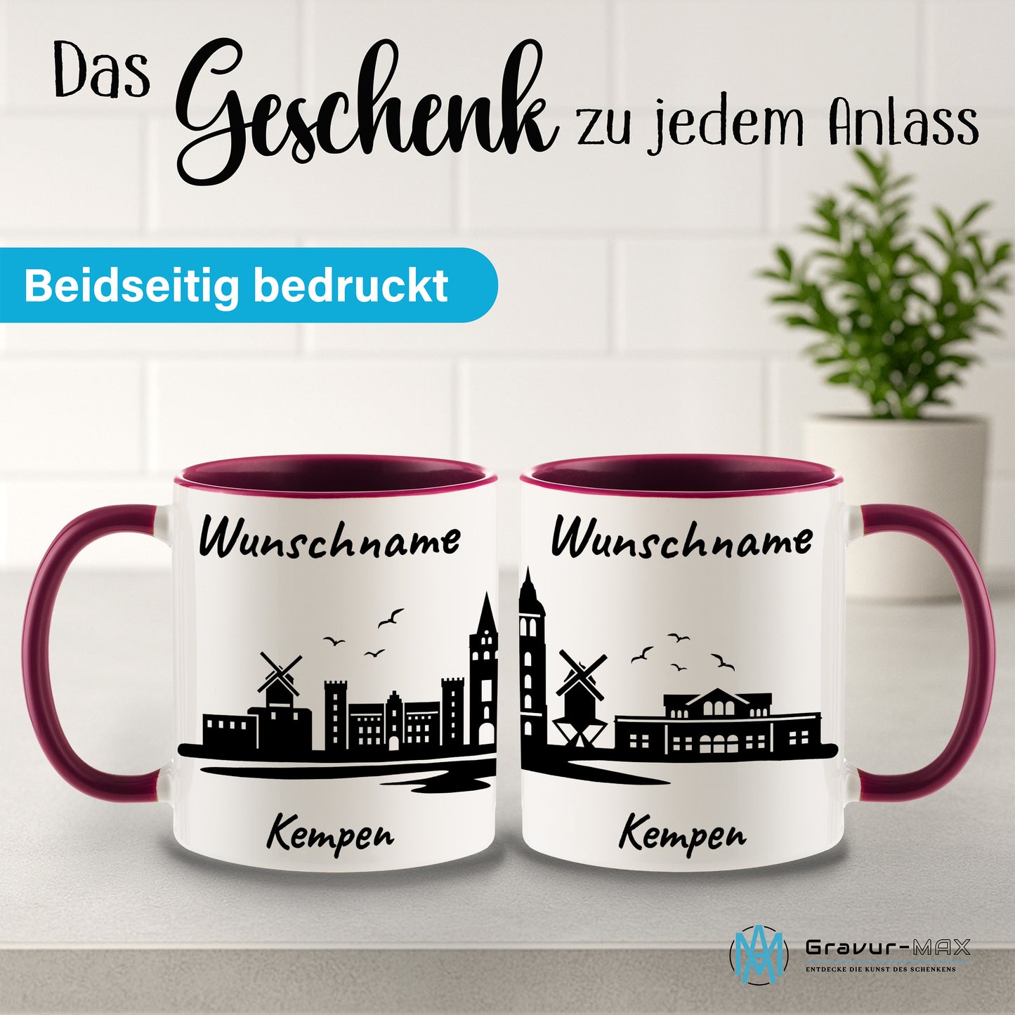 Tasse in Bordeauxrot 330ml bedruckt mit der Skyline von Kempen personalisierbar mit Wunschname