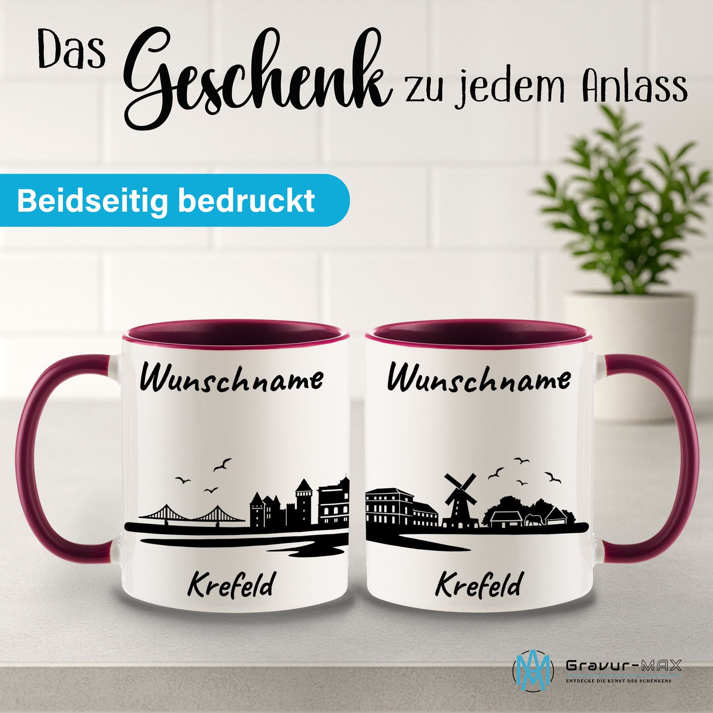Tasse in Bordeauxrot 330ml bedruckt mit der Skyline von Krefeld personalisierbar mit Wunschname