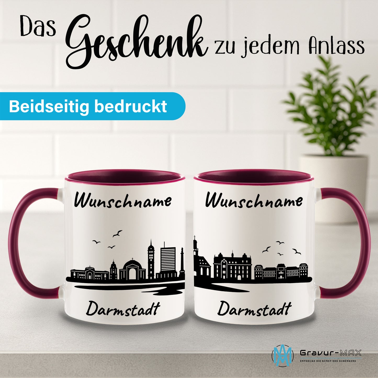 Tasse in Bordeauxrot 330ml bedruckt mit der Skyline von Darmstadt personalisierbar mit Wunschname