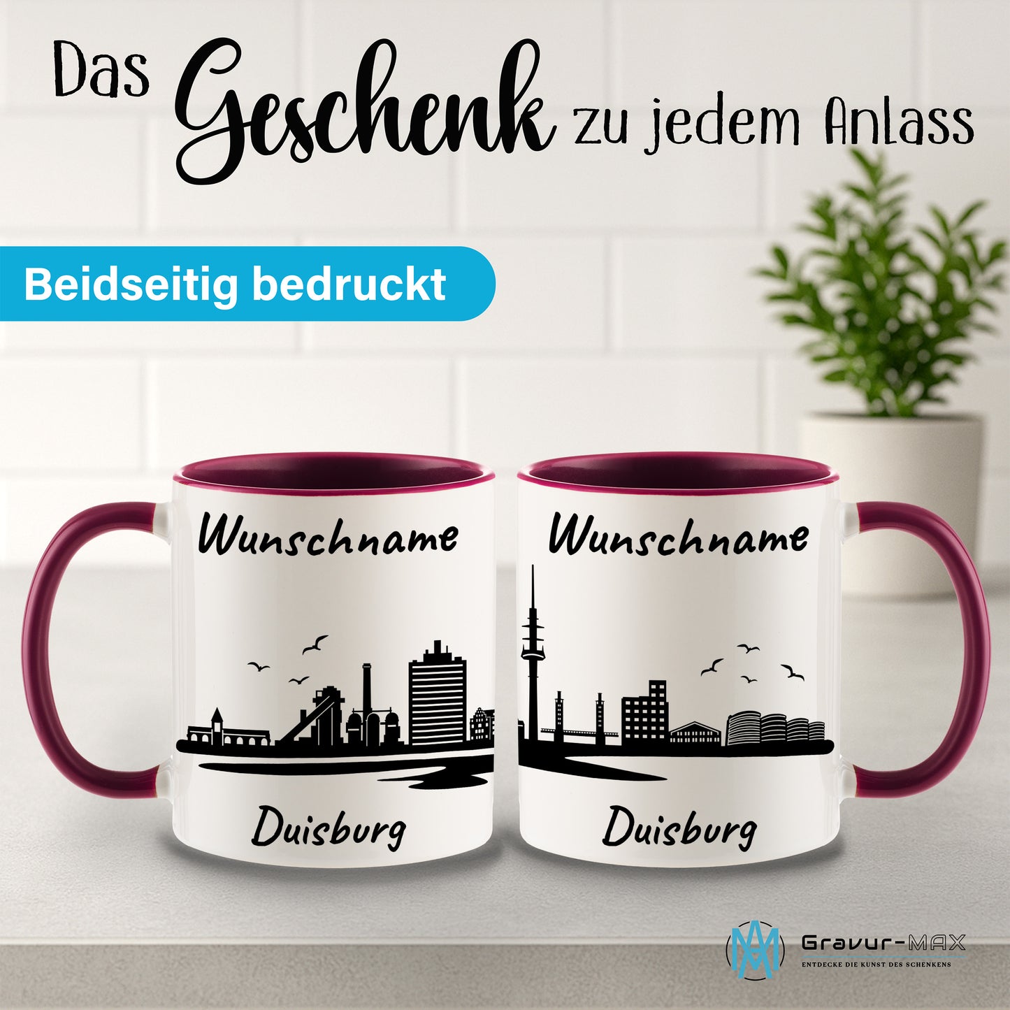 Tasse in Bordeauxrot 330ml bedruckt mit der Skyline von Duisburg personalisierbar mit Wunschname