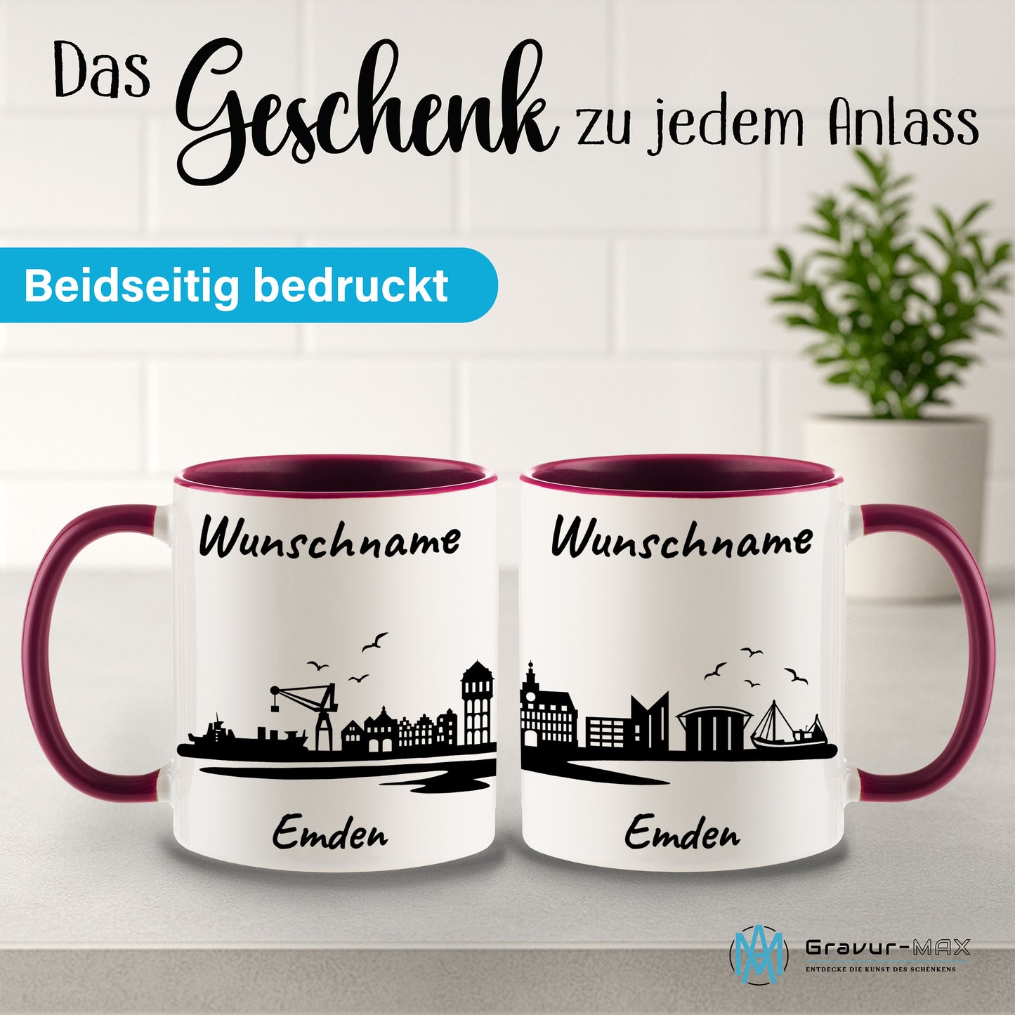 Tasse in Bordeauxrot 330ml bedruckt mit der Skyline von Emden personalisierbar mit Wunschname