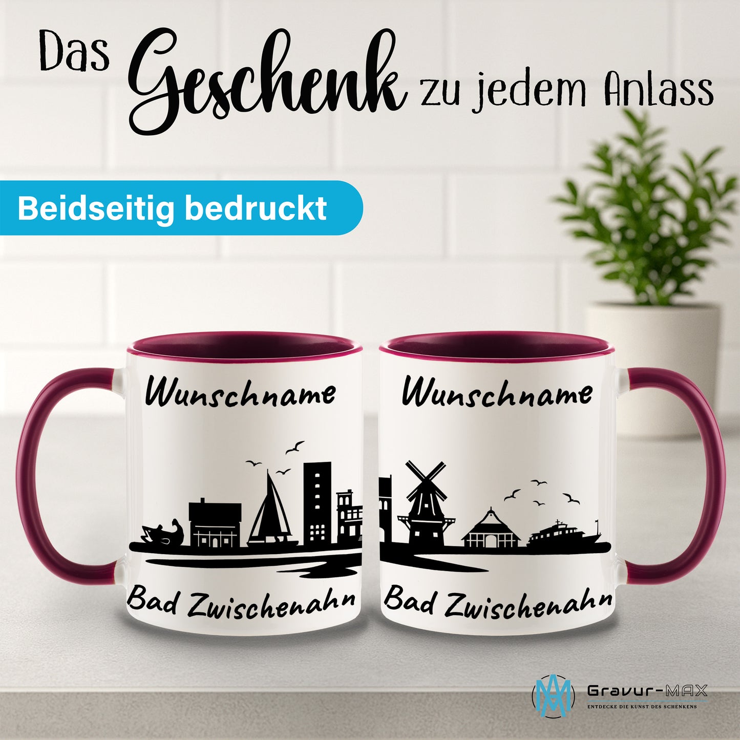 Tasse in Bordeauxrot 330ml bedruckt mit der Skyline von Bad Zwischenahn personalisierbar mit Wunschname