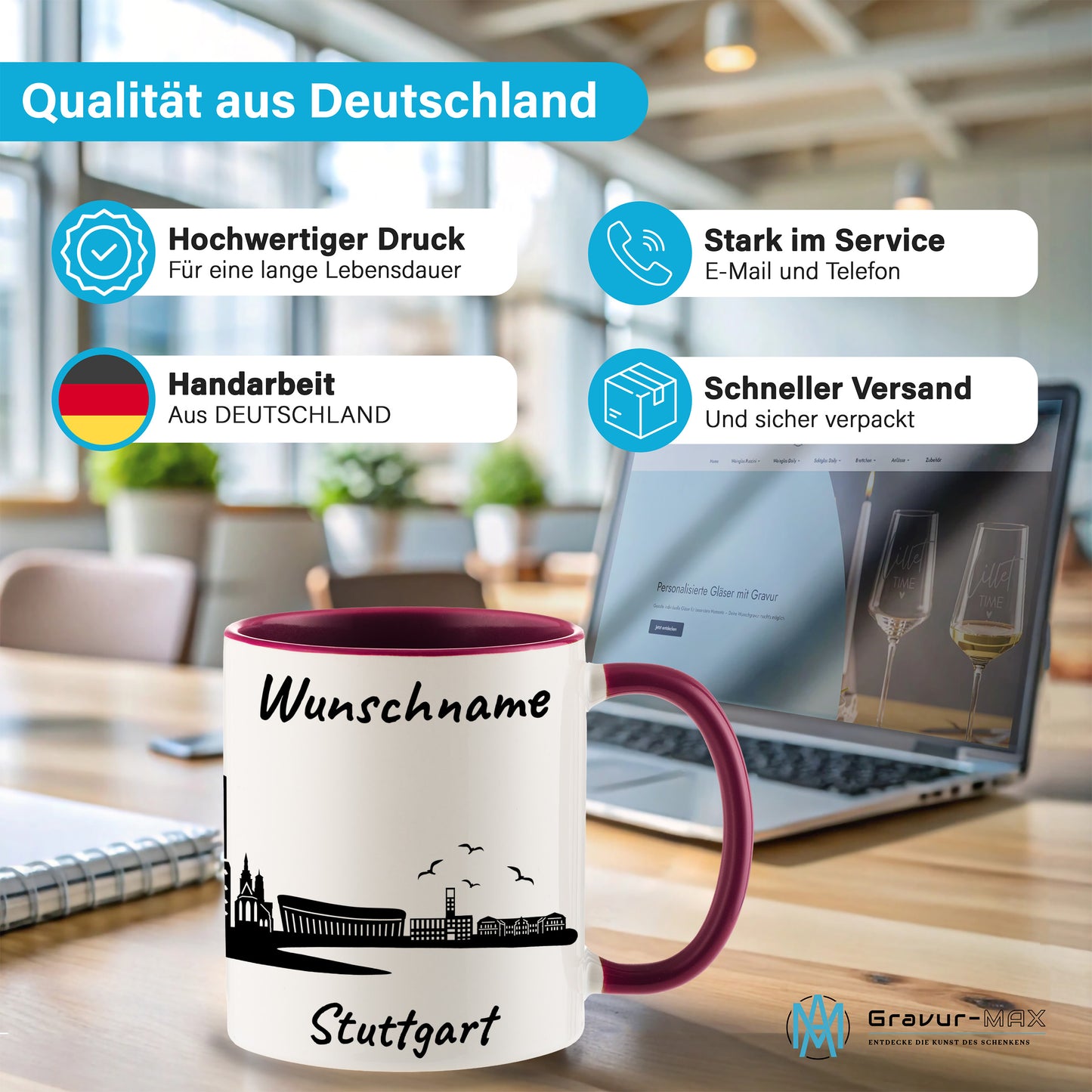 Tasse in Bordeauxrot 330ml bedruckt mit der Skyline von Stuttgart personalisierbar mit Wunschname