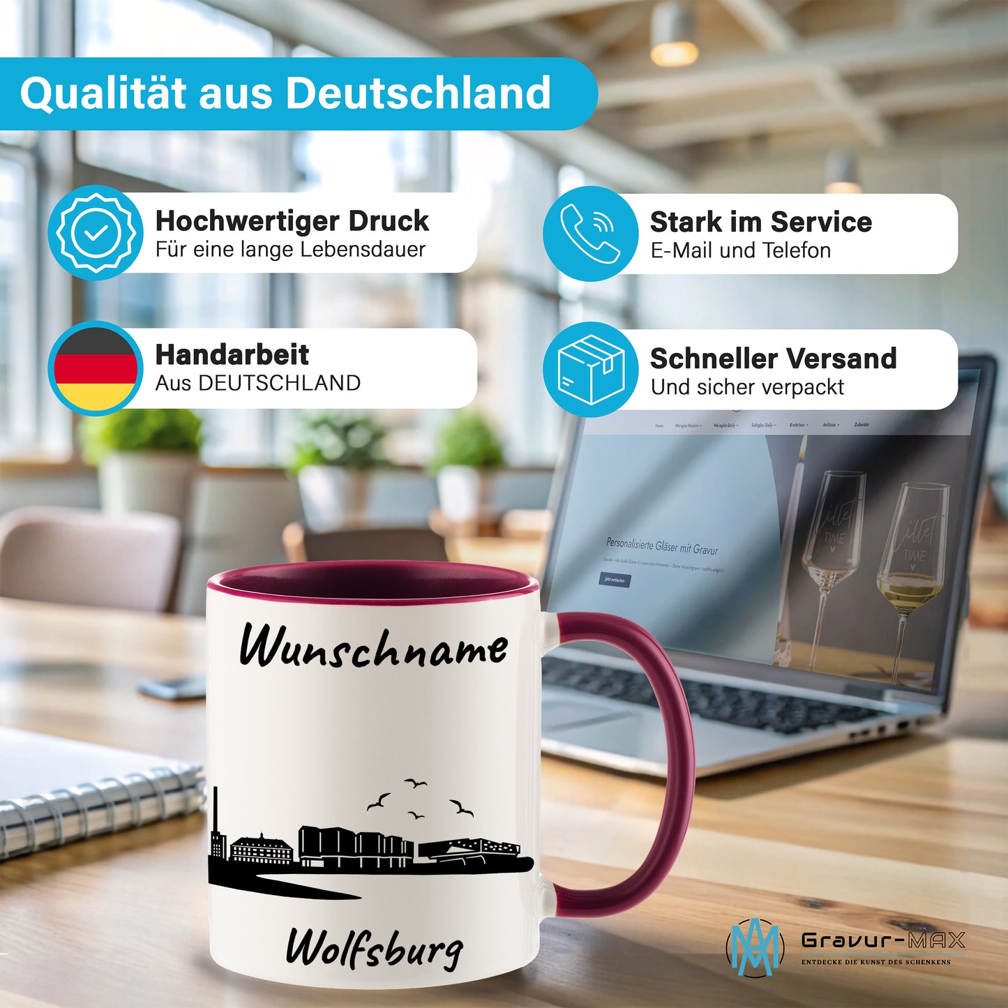 Tasse in Bordeauxrot 330ml bedruckt mit der Skyline von Wolfsburg personalisierbar mit Wunschname