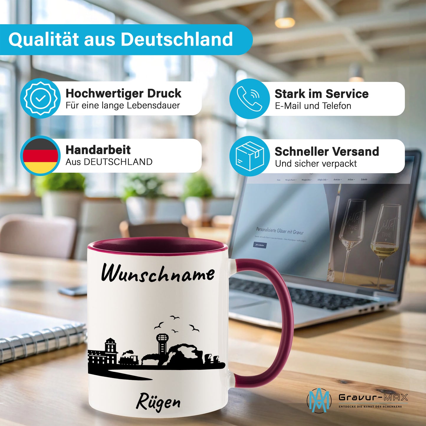 Tasse in Bordeauxrot 330ml bedruckt mit der Skyline von Rügen personalisierbar mit Wunschname
