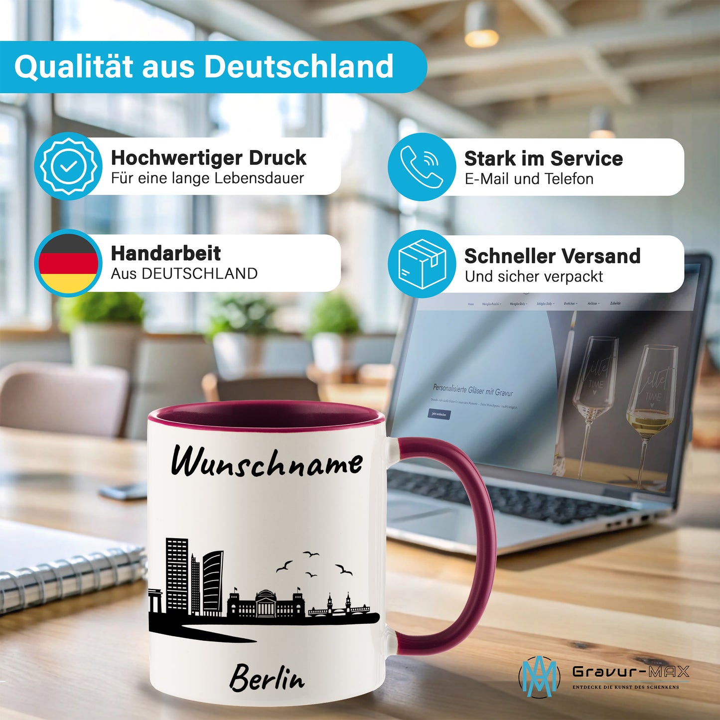 Tasse in Bordeauxrot 330ml bedruckt mit der Skyline von Berlin personalisierbar mit Wunschname
