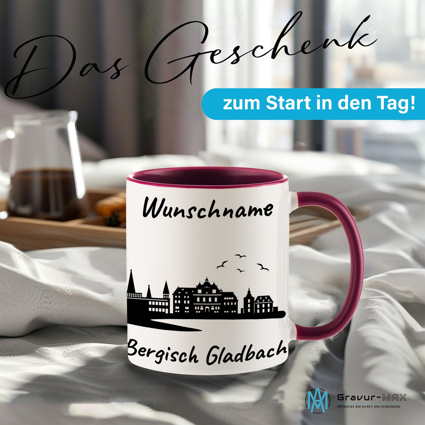 Tasse in Bordeauxrot 330ml bedruckt mit der Skyline von Bergisch Gladbach personalisierbar mit Wunschname