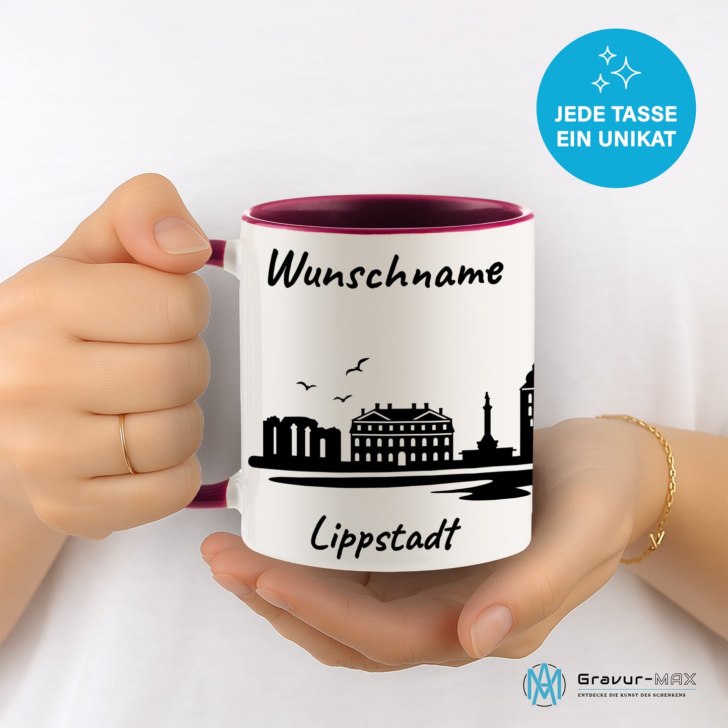 Tasse in Bordeauxrot 330ml bedruckt mit der Skyline von Lippstadt personalisierbar mit Wunschname