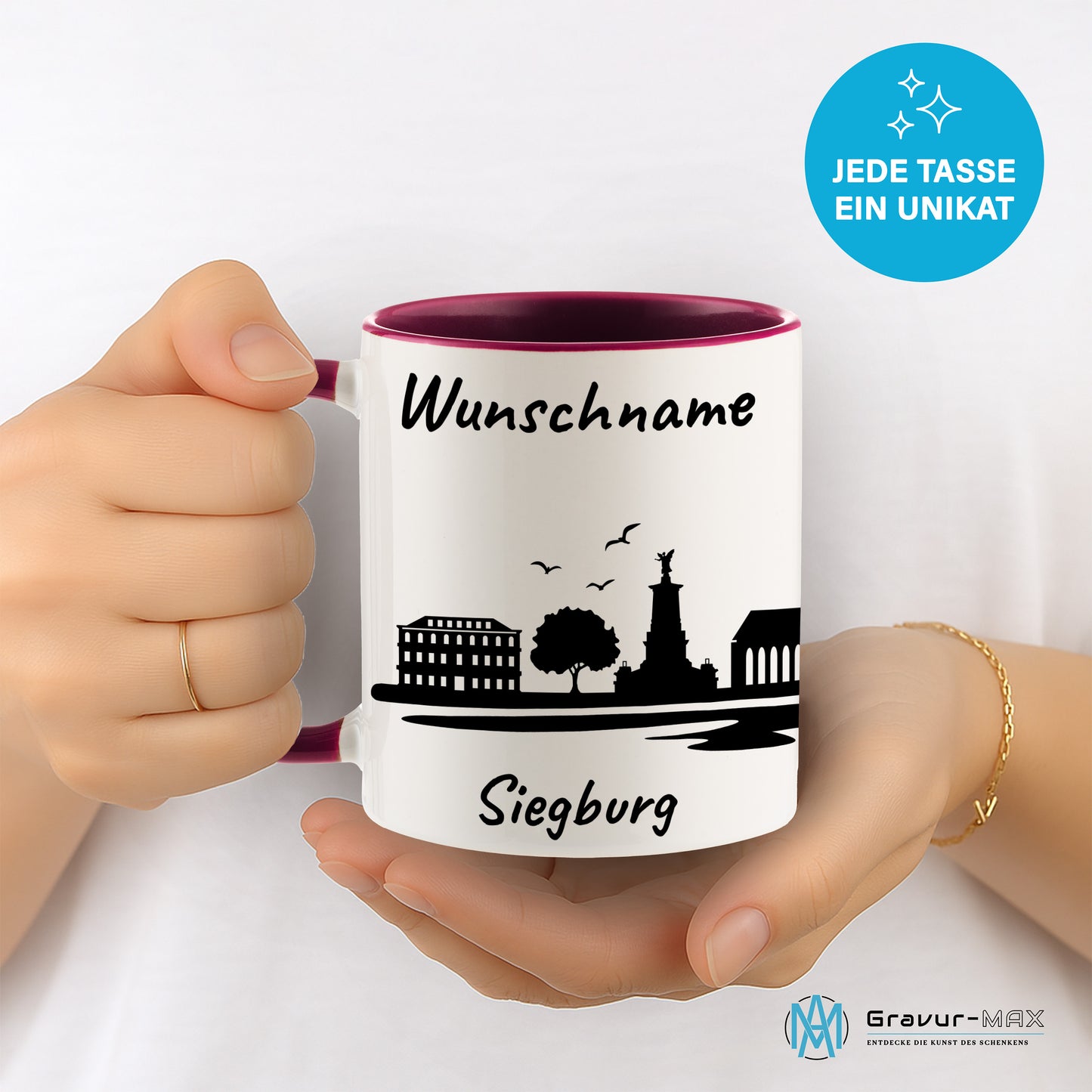 Tasse in Bordeauxrot 330ml bedruckt mit der Skyline von Siegburg personalisierbar mit Wunschname