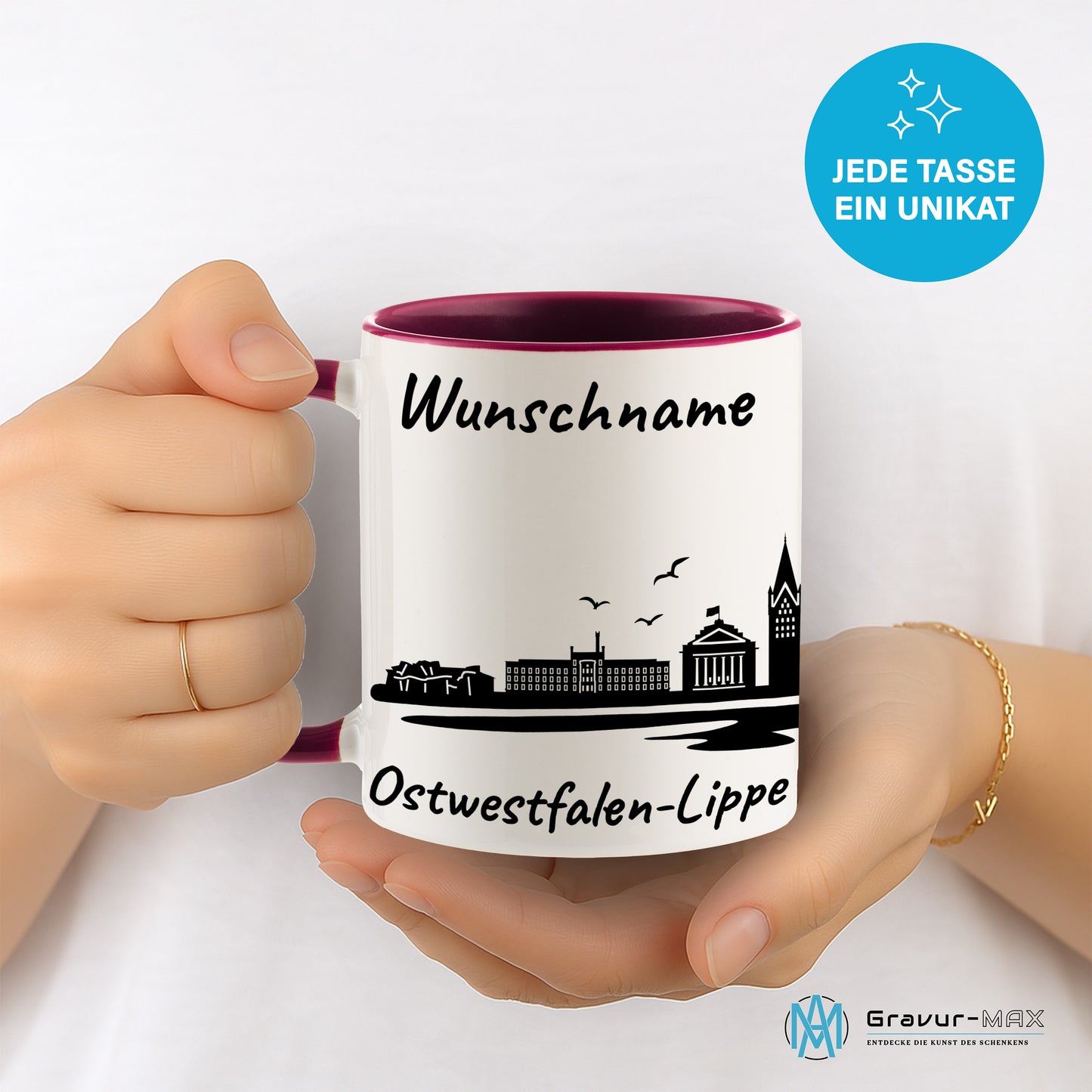 Tasse in Bordeauxrot 330ml bedruckt mit der Skyline von Ostwestfalen-Lippe personalisierbar mit Wunschname