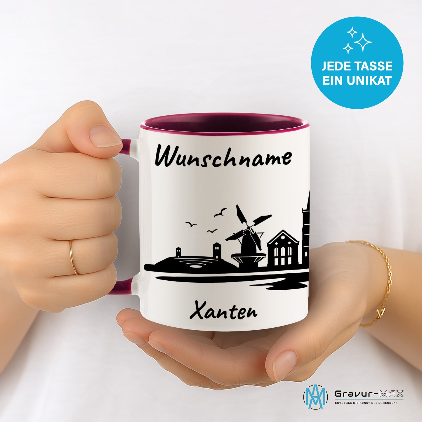 Tasse in Bordeauxrot 330ml bedruckt mit der Skyline von Xanten personalisierbar mit Wunschname