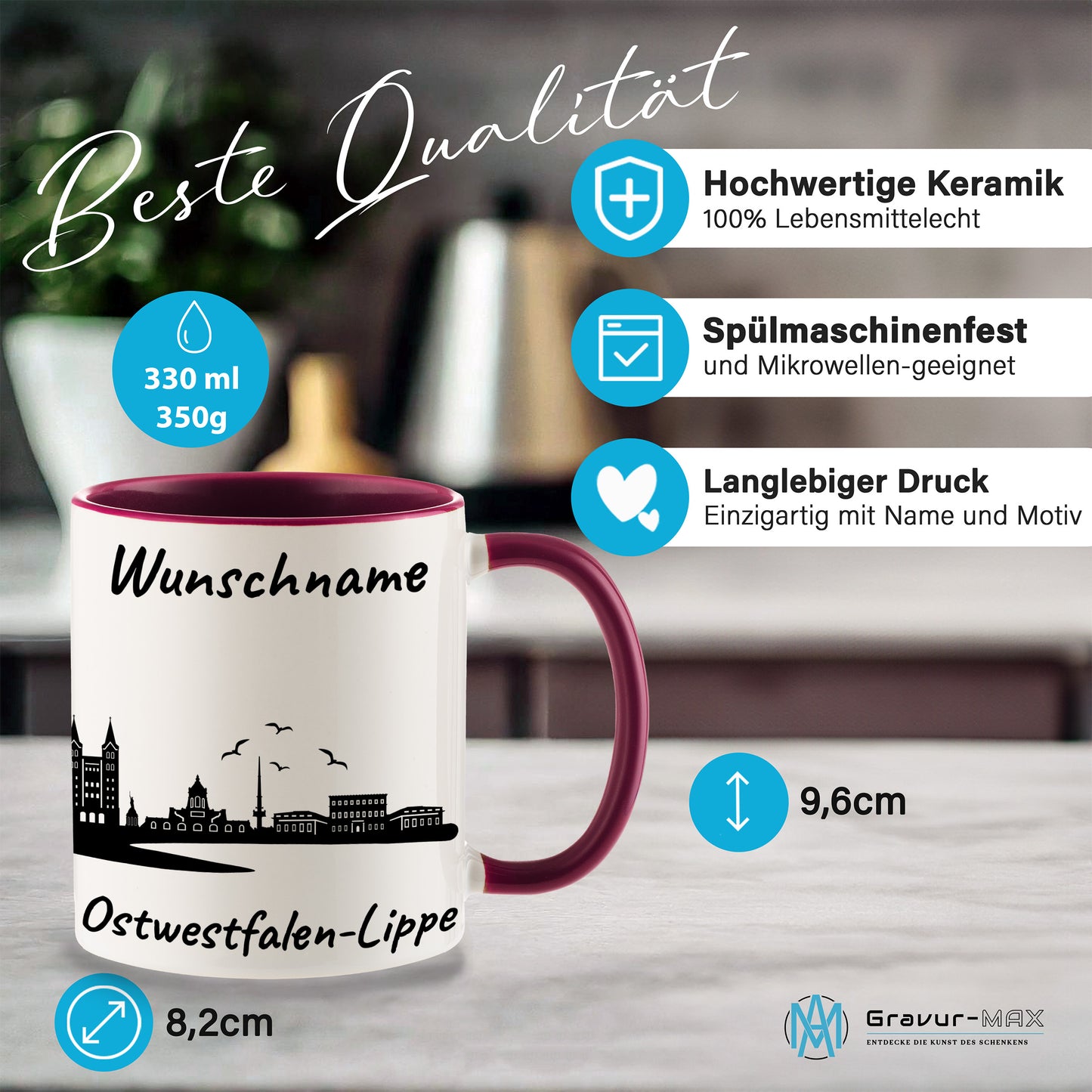 Tasse in Bordeauxrot 330ml bedruckt mit der Skyline von Ostwestfalen-Lippe personalisierbar mit Wunschname