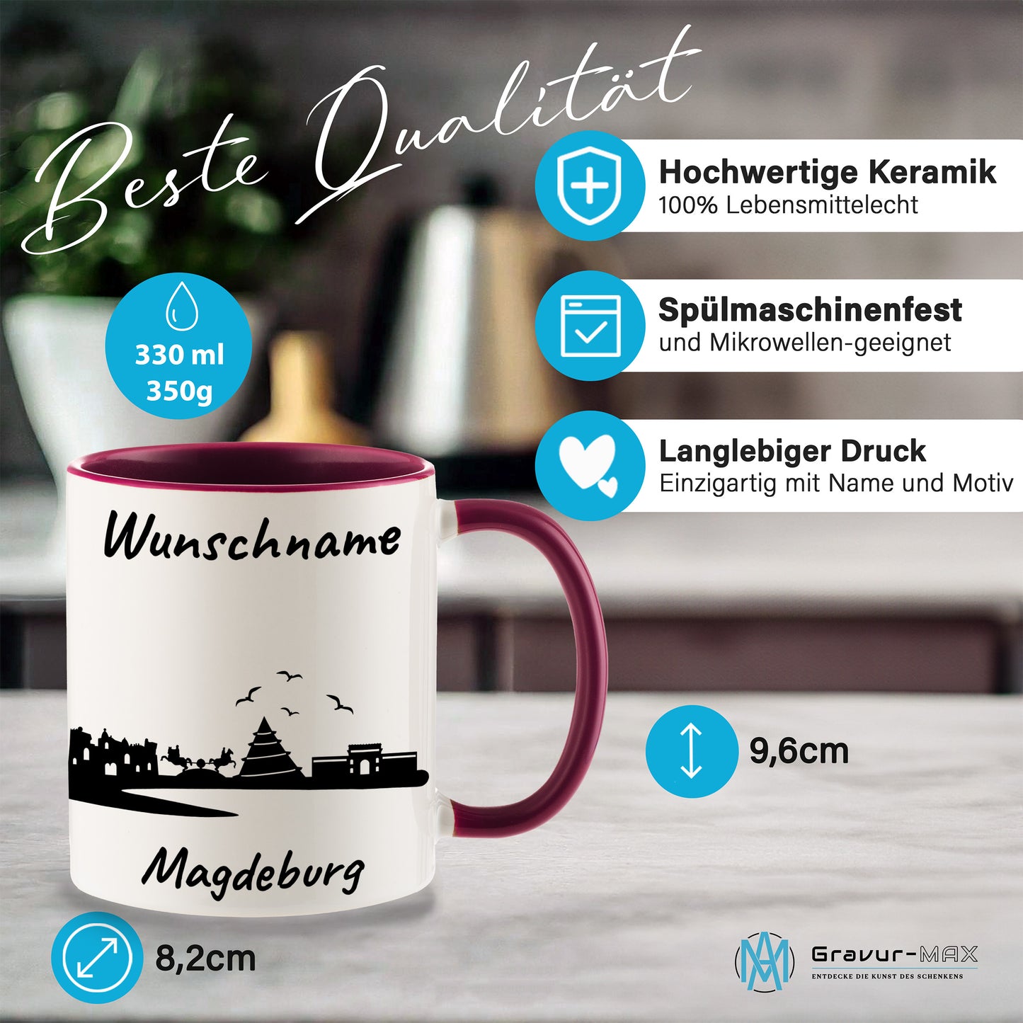 Tasse in Bordeauxrot 330ml bedruckt mit der Skyline von Magdeburg personalisierbar mit Wunschname