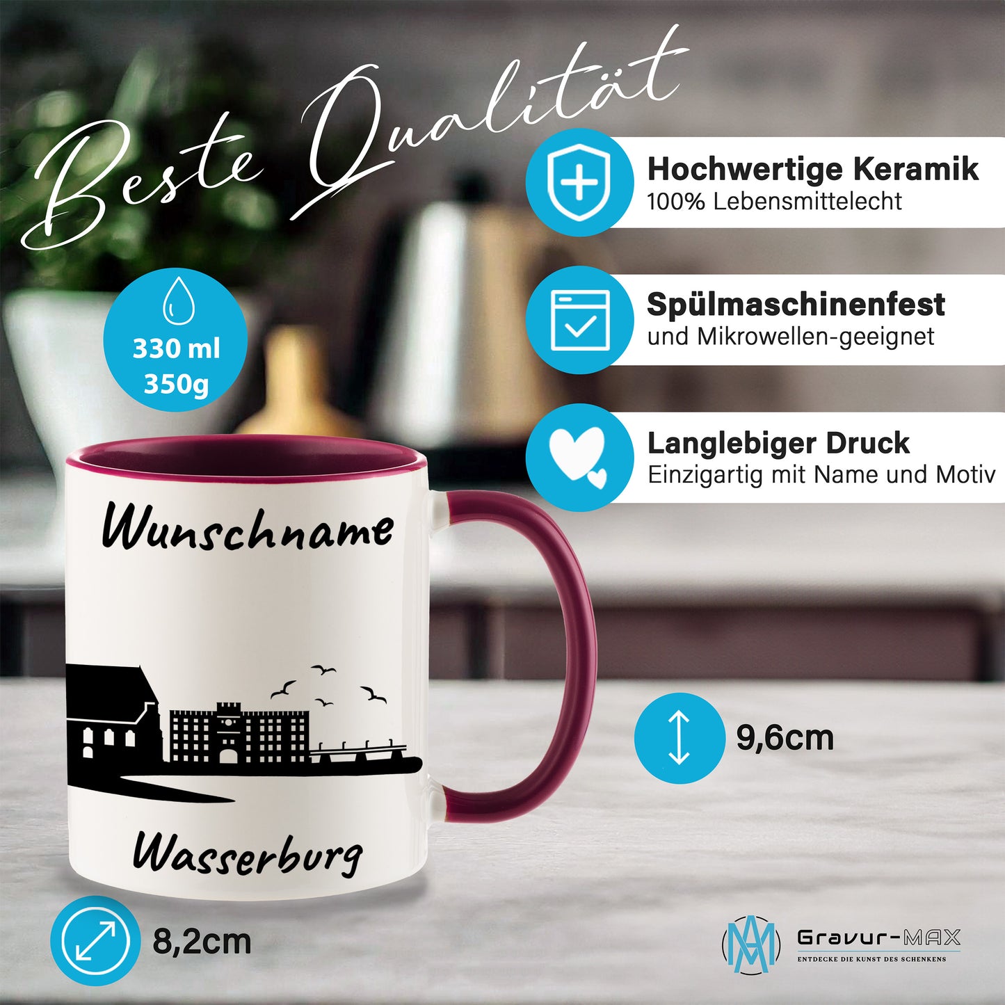 Tasse in Bordeauxrot 330ml bedruckt mit der Skyline von Wasserburg personalisierbar mit Wunschname