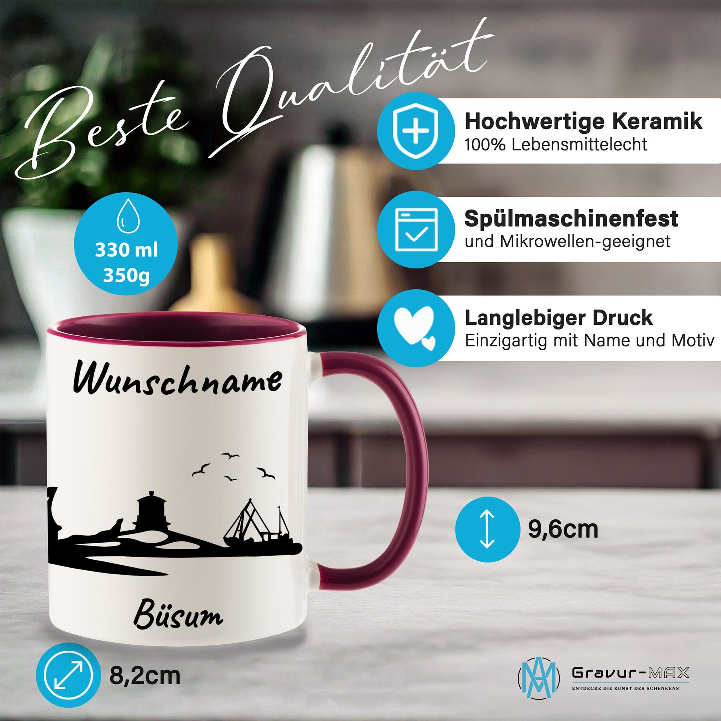 Tasse in Bordeauxrot 330ml bedruckt mit der Skyline von Büsum personalisierbar mit Wunschname