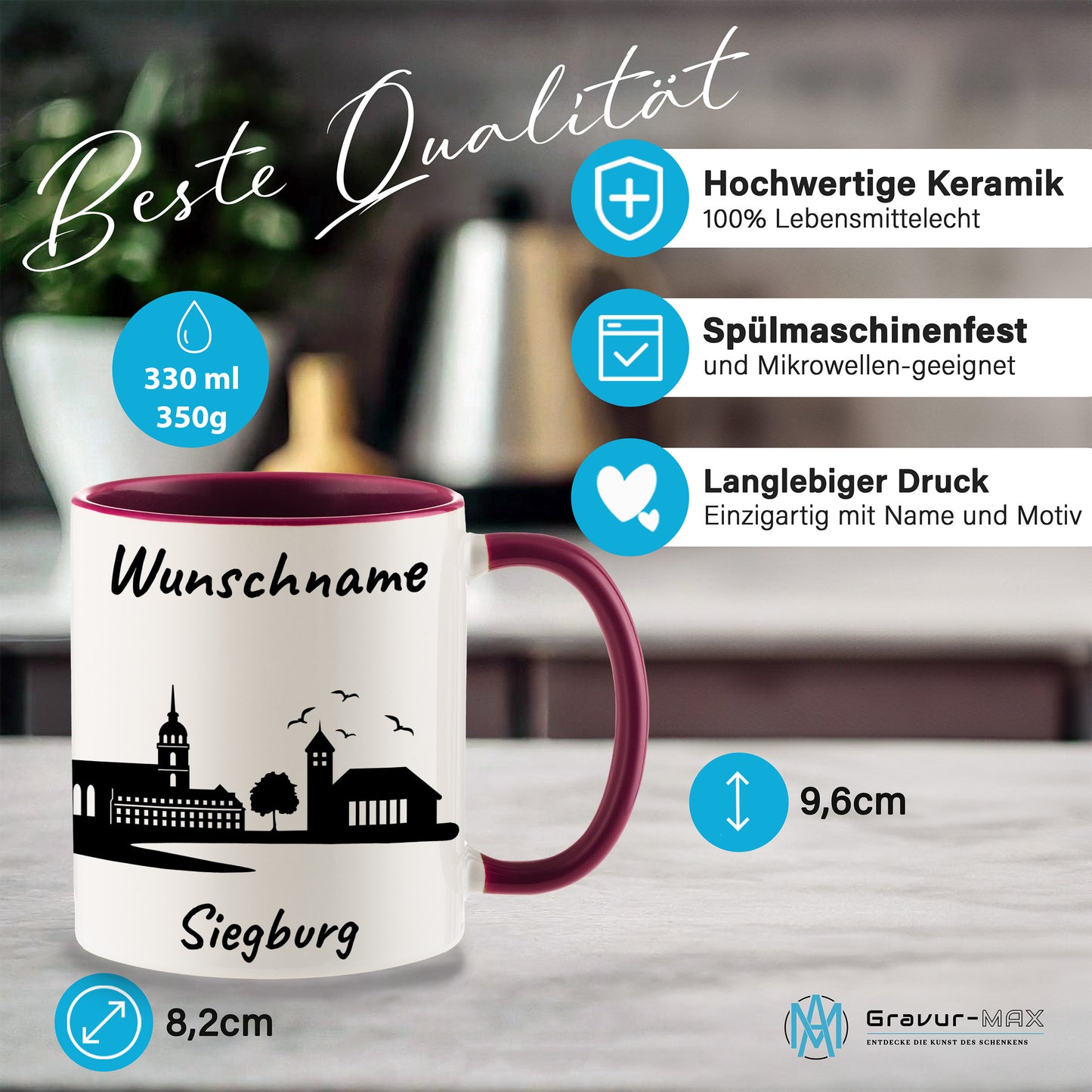 Tasse in Bordeauxrot 330ml bedruckt mit der Skyline von Siegburg personalisierbar mit Wunschname