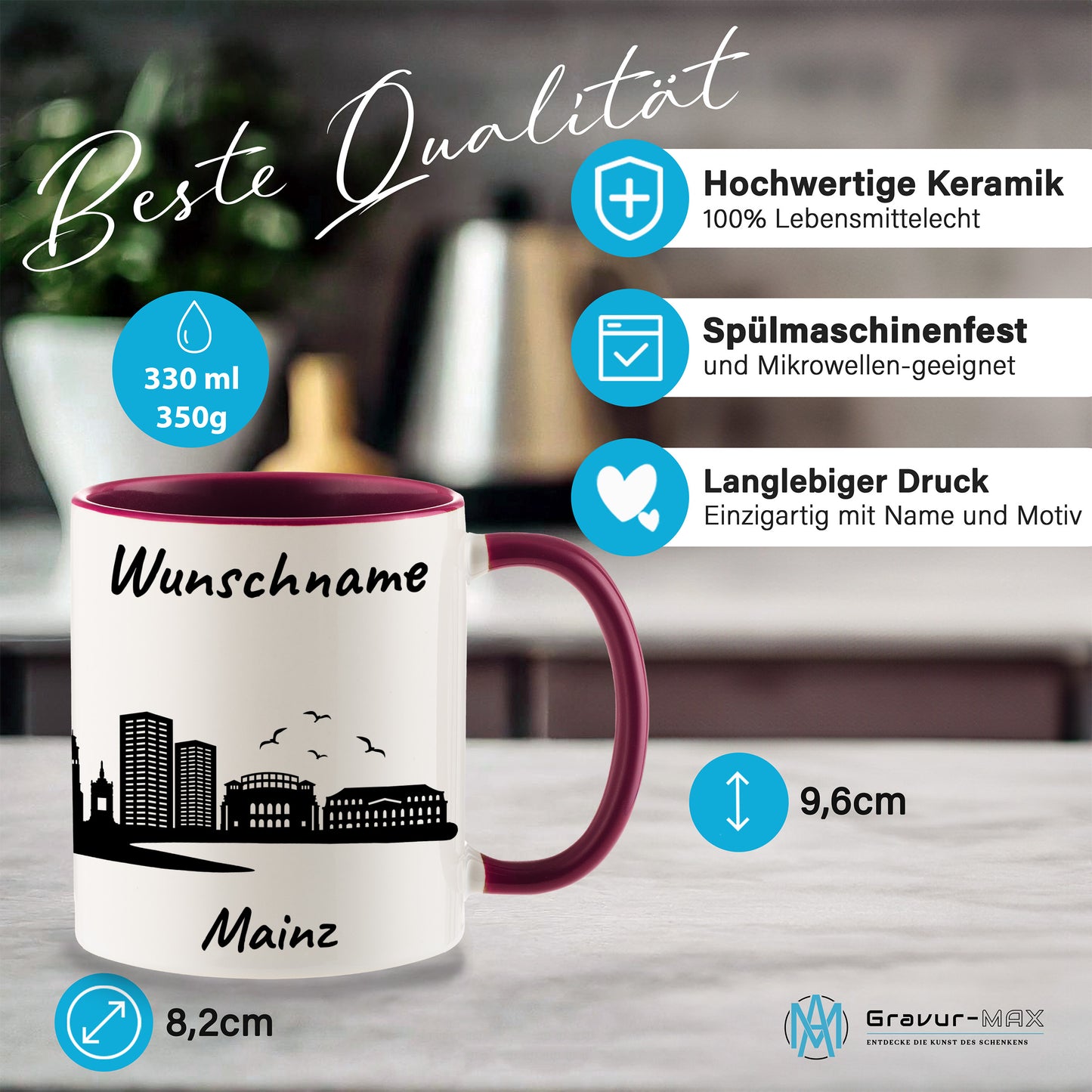 Tasse in Bordeauxrot 330ml bedruckt mit der Skyline von Mainz personalisierbar mit Wunschname