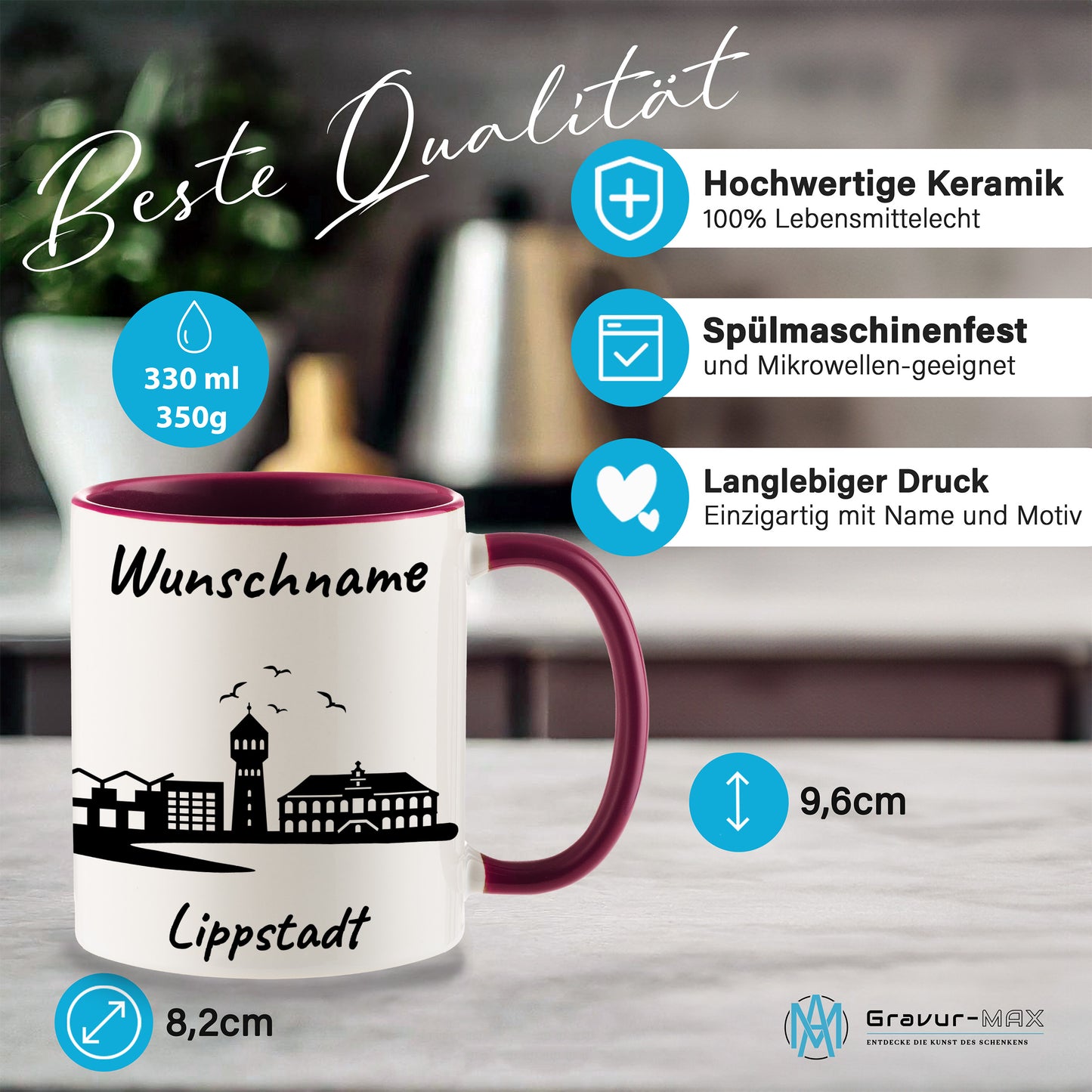 Tasse in Bordeauxrot 330ml bedruckt mit der Skyline von Lippstadt personalisierbar mit Wunschname