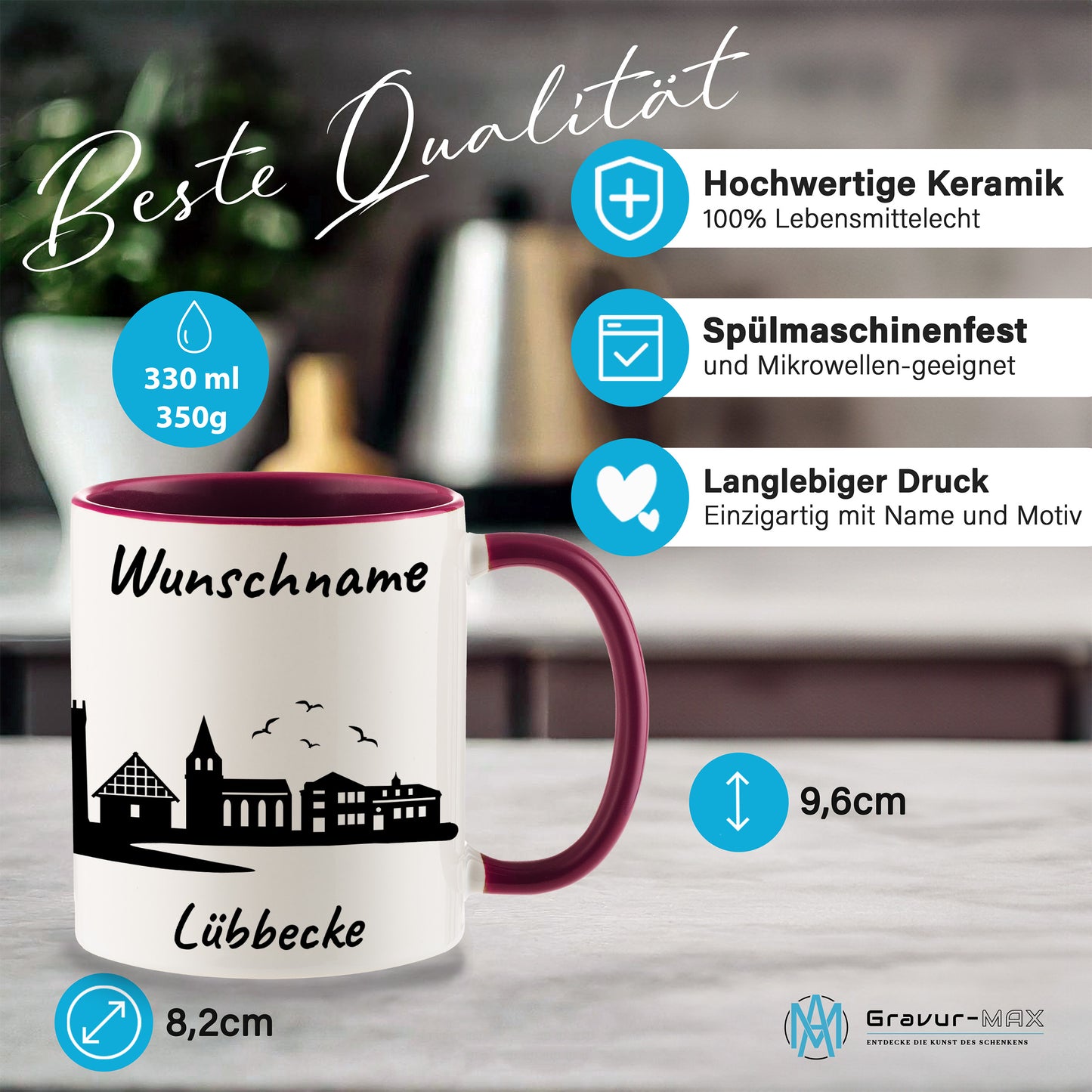 Tasse in Bordeauxrot 330ml bedruckt mit der Skyline von Lübbecke personalisierbar mit Wunschname