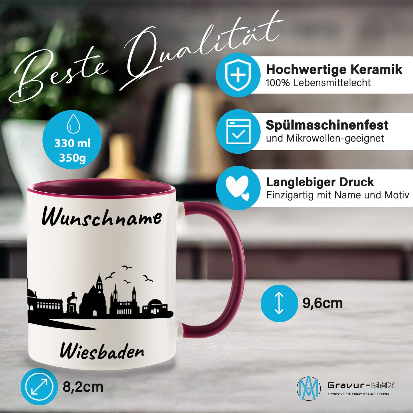 Tasse in Bordeauxrot 330ml bedruckt mit der Skyline von Wiesbaden personalisierbar mit Wunschname