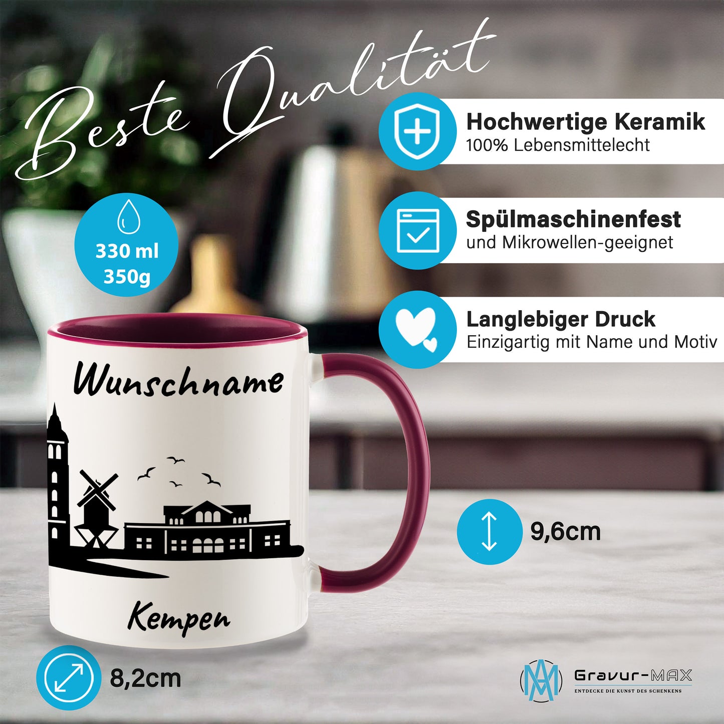 Tasse in Bordeauxrot 330ml bedruckt mit der Skyline von Kempen personalisierbar mit Wunschname