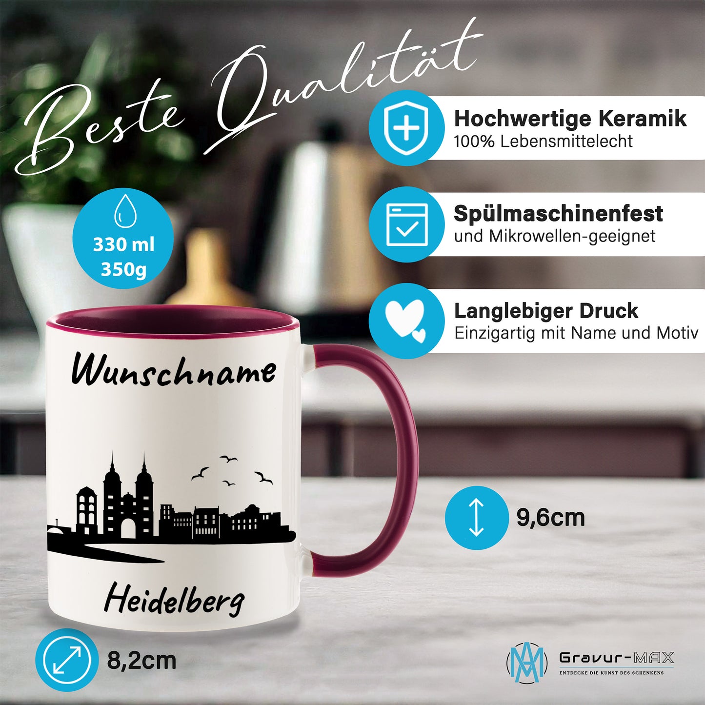 Tasse in Bordeauxrot 330ml bedruckt mit der Skyline von Heidelberg personalisierbar mit Wunschname