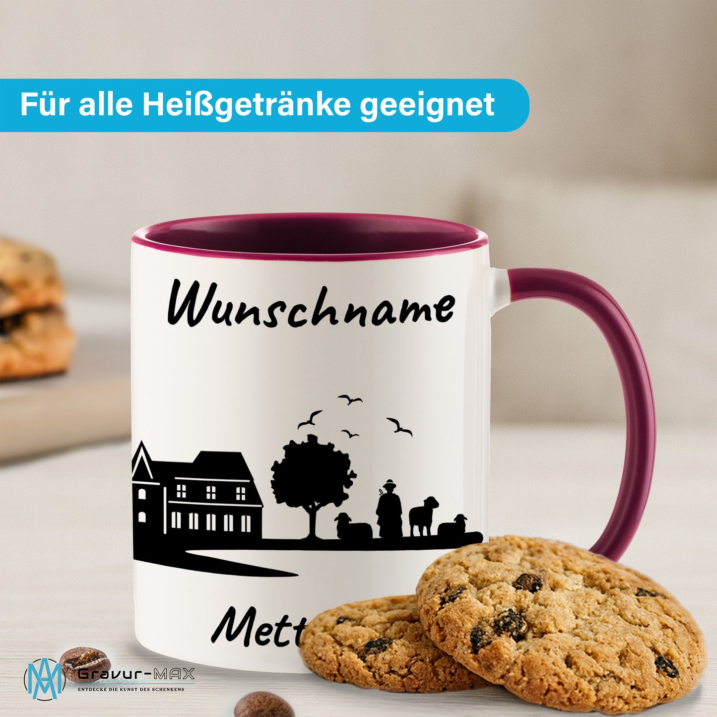 Tasse in Bordeauxrot 330ml bedruckt mit der Skyline von Mettmann personalisierbar mit Wunschname