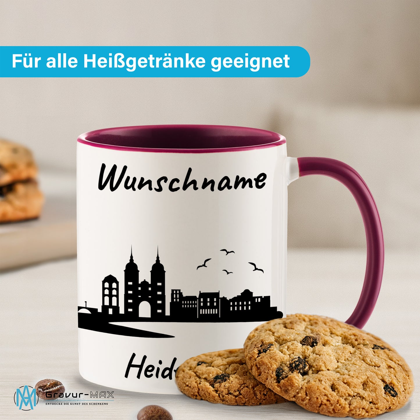 Tasse in Bordeauxrot 330ml bedruckt mit der Skyline von Heidelberg personalisierbar mit Wunschname