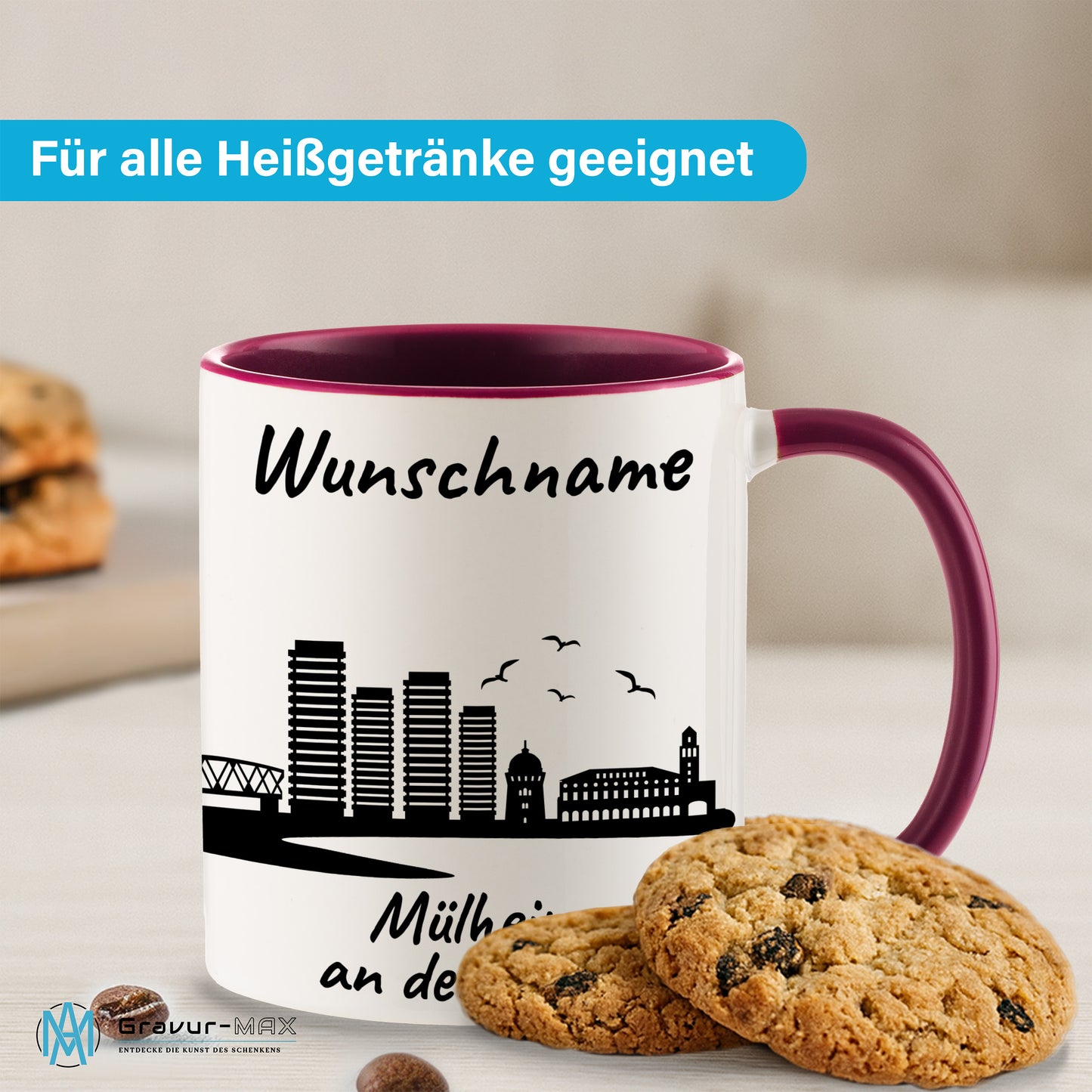 Tasse in Bordeauxrot 330ml bedruckt mit der Skyline von Mülheim an der Ruhr personalisierbar mit Wunschname