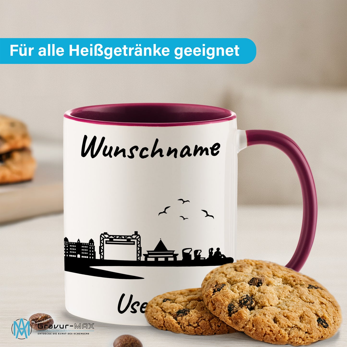 Tasse in Bordeauxrot 330ml bedruckt mit der Skyline von Usedom personalisierbar mit Wunschname