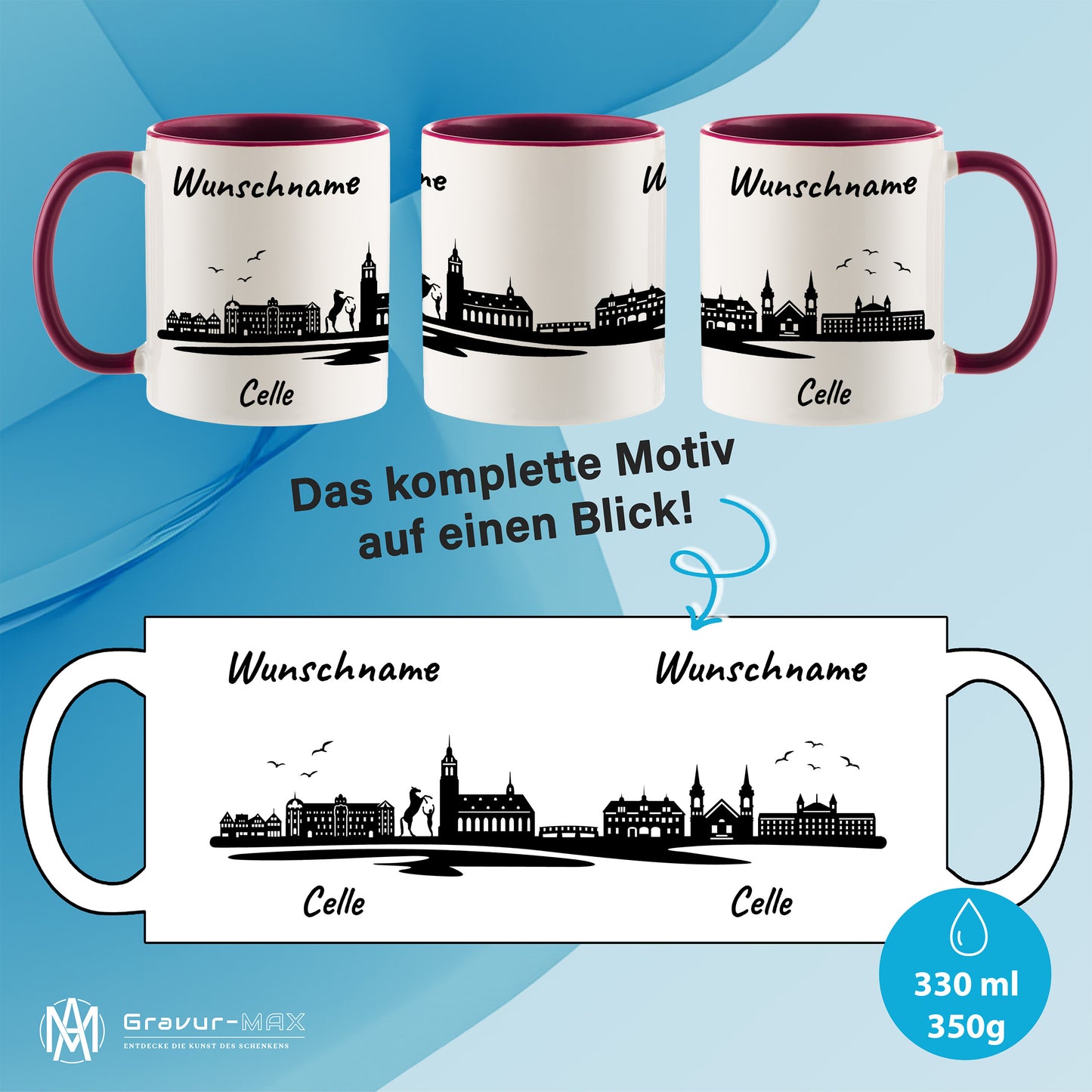 Tasse in Bordeauxrot 330ml bedruckt mit der Skyline von Celle personalisierbar mit Wunschname