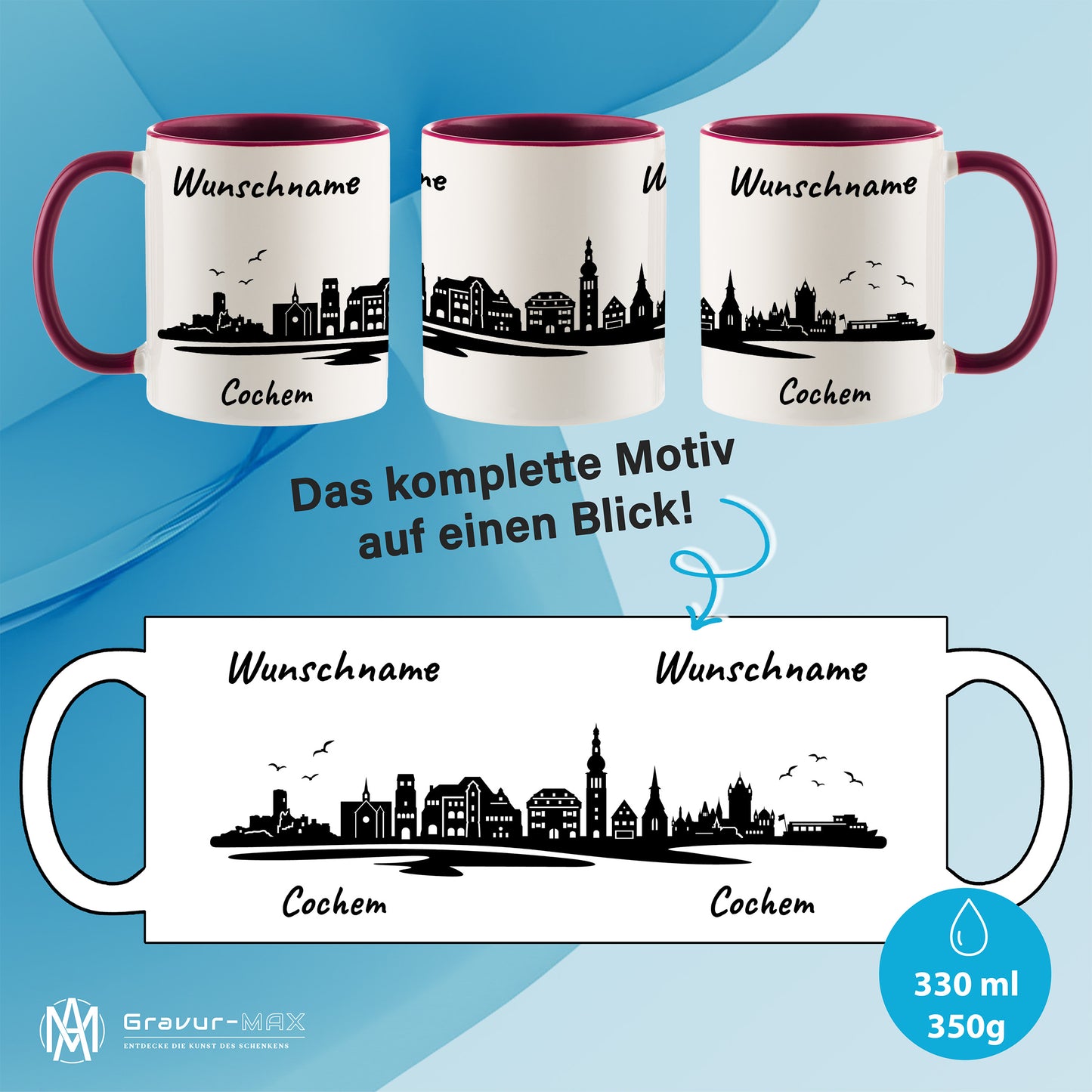 Tasse in Bordeauxrot 330ml bedruckt mit der Skyline von Cochem personalisierbar mit Wunschname