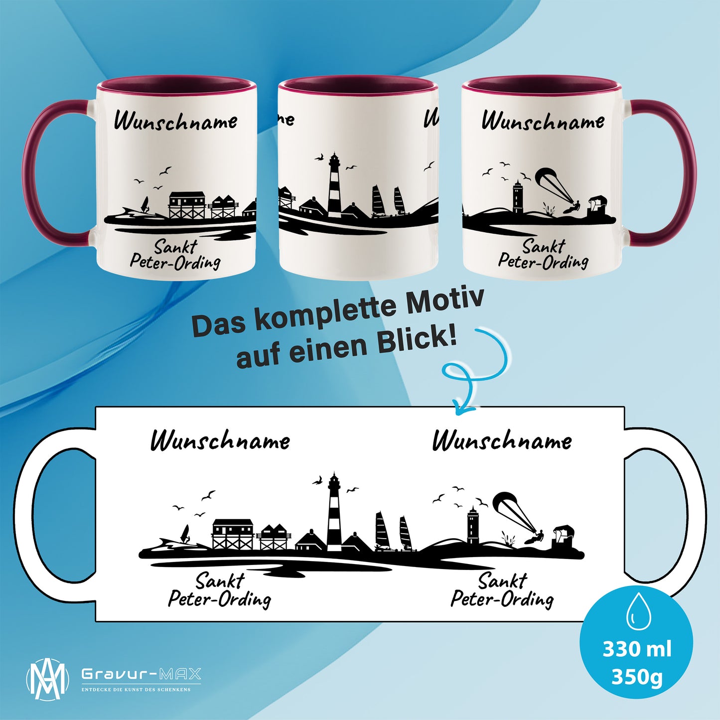 Tasse in Bordeauxrot 330ml bedruckt mit der Skyline von Sankt Peter-Ording personalisierbar mit Wunschname