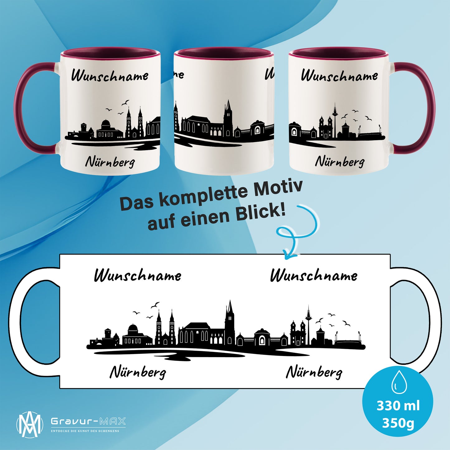 Tasse in Bordeauxrot 330ml bedruckt mit der Skyline von Nürnberg personalisierbar mit Wunschname