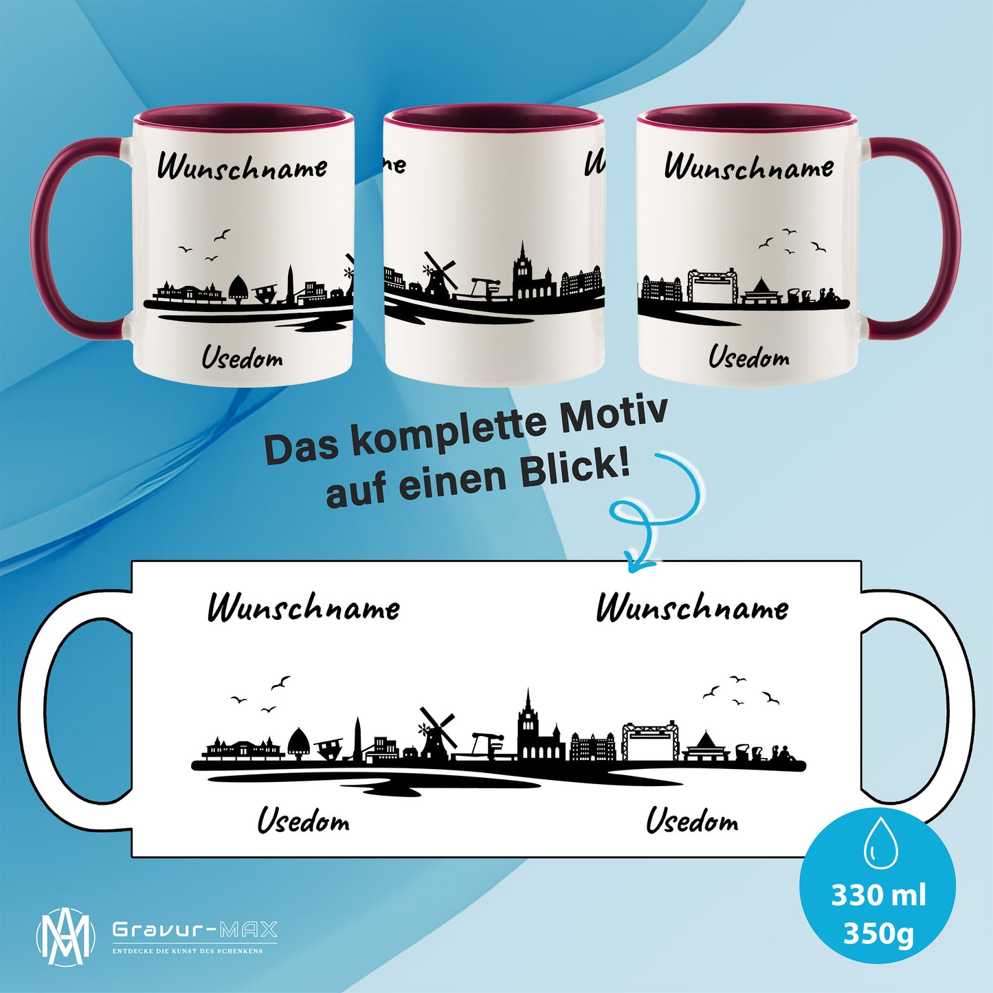 Tasse in Bordeauxrot 330ml bedruckt mit der Skyline von Usedom personalisierbar mit Wunschname