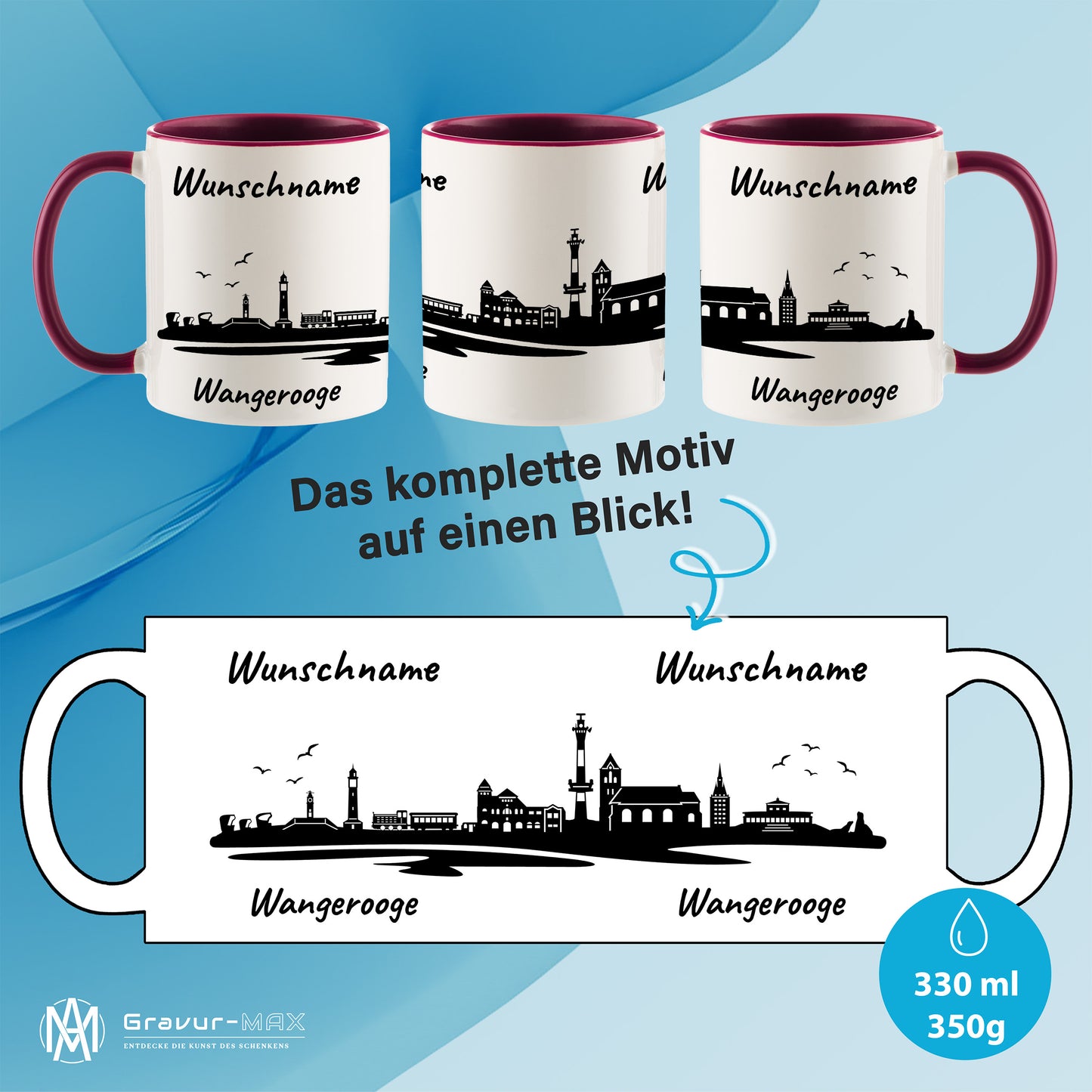 Tasse in Bordeauxrot 330ml bedruckt mit der Skyline von Wangerooge personalisierbar mit Wunschname