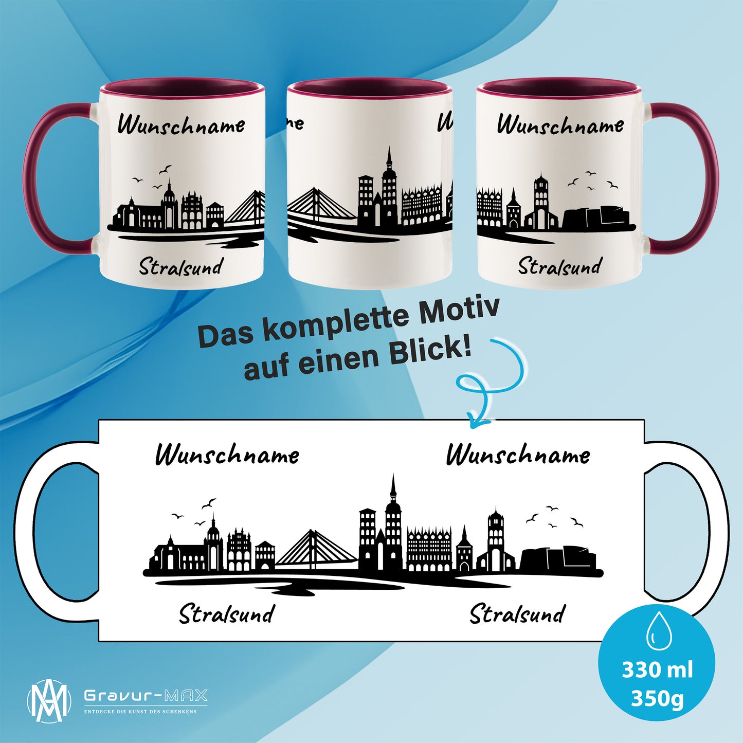 Tasse in Bordeauxrot 330ml bedruckt mit der Skyline von Stralsund personalisierbar mit Wunschname