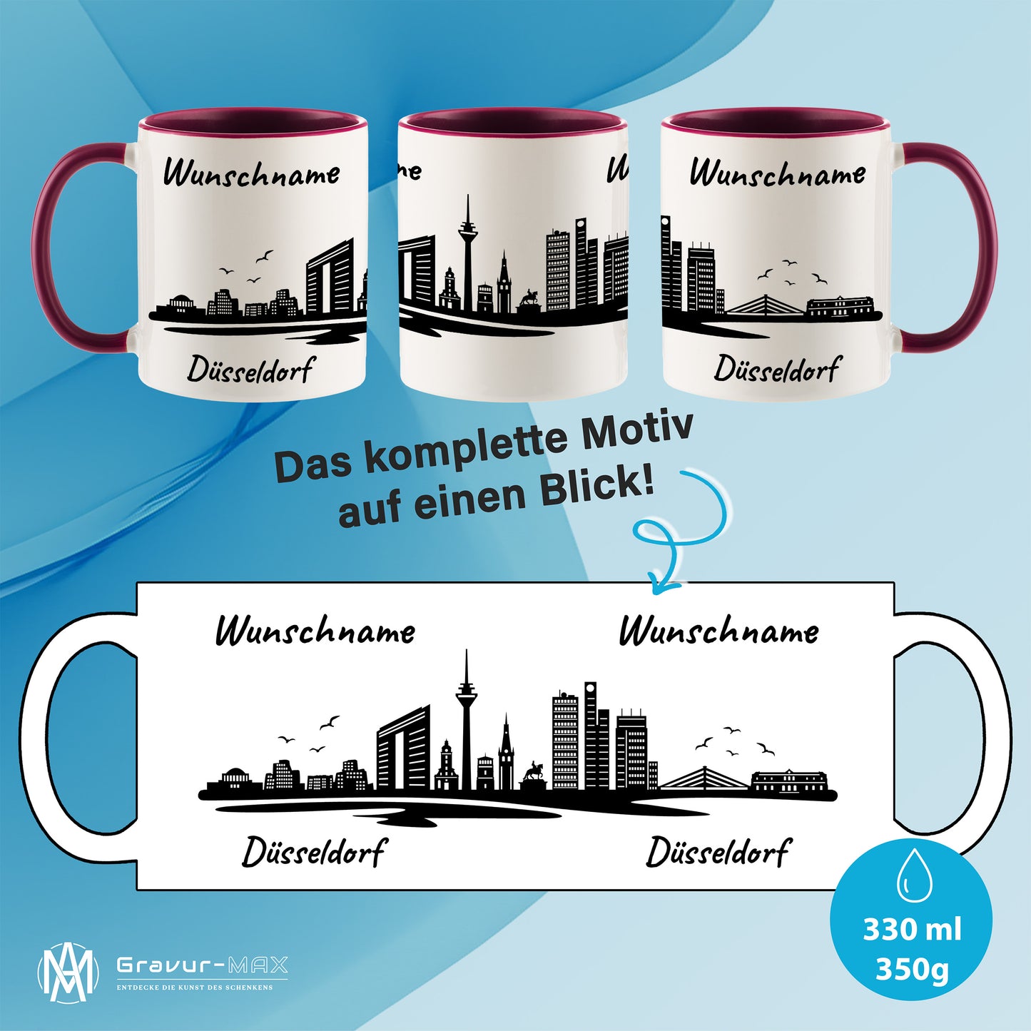 Tasse in Bordeauxrot 330ml bedruckt mit der Skyline von Düsseldorf personalisierbar mit Wunschname