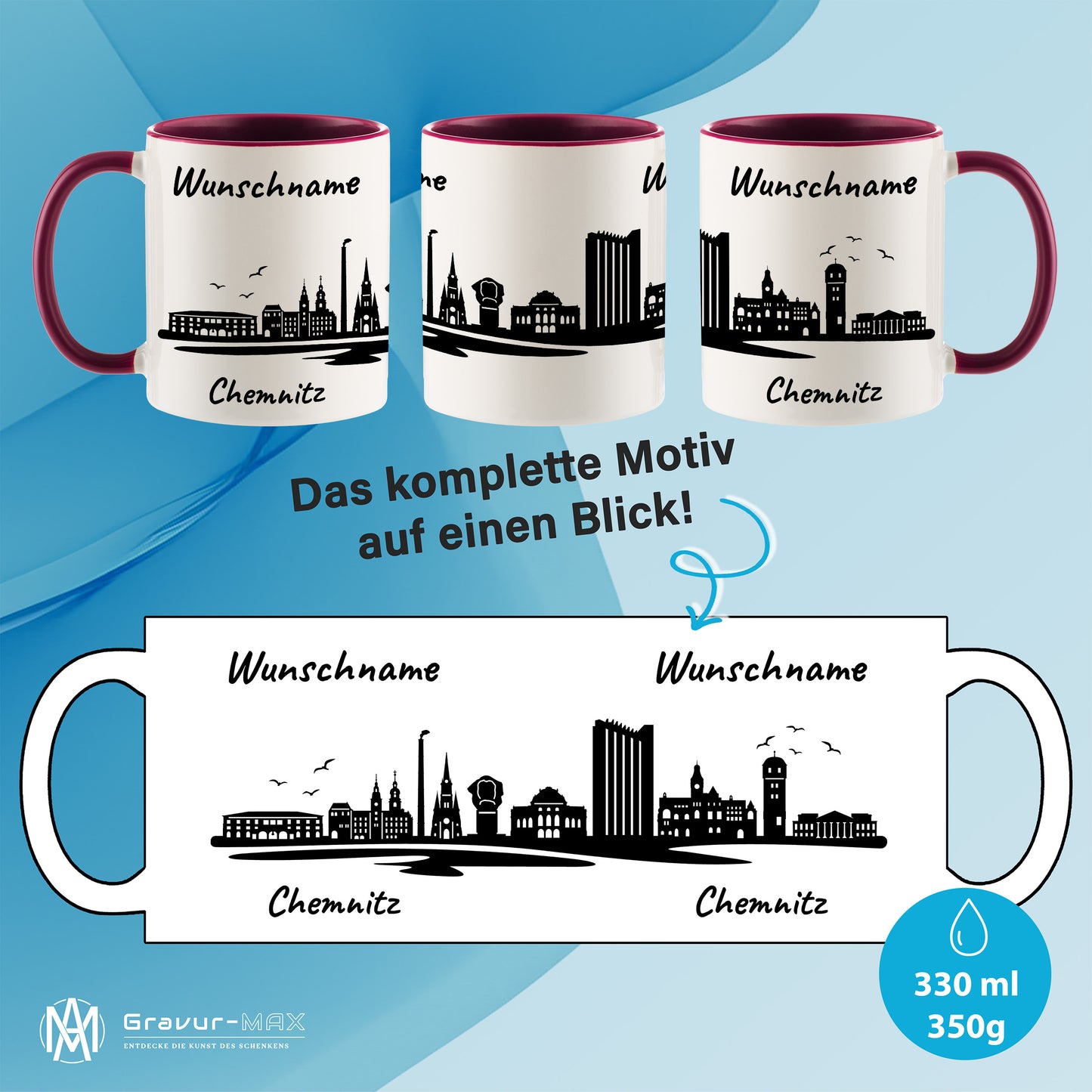 Tasse in Bordeauxrot 330ml bedruckt mit der Skyline von Chemnitz personalisierbar mit Wunschname