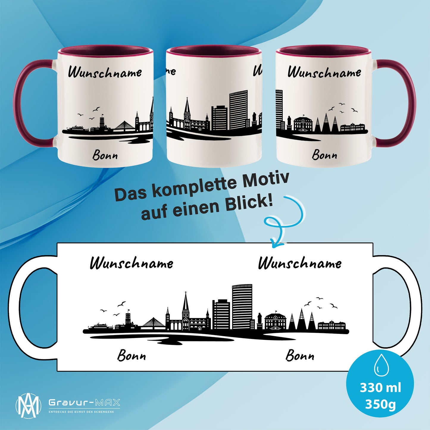 Tasse in Bordeauxrot 330ml bedruckt mit der Skyline von Bonn personalisierbar mit Wunschname
