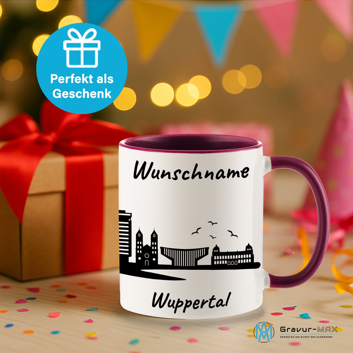 Tasse in Bordeauxrot 330ml bedruckt mit der Skyline von Wuppertal personalisierbar mit Wunschname