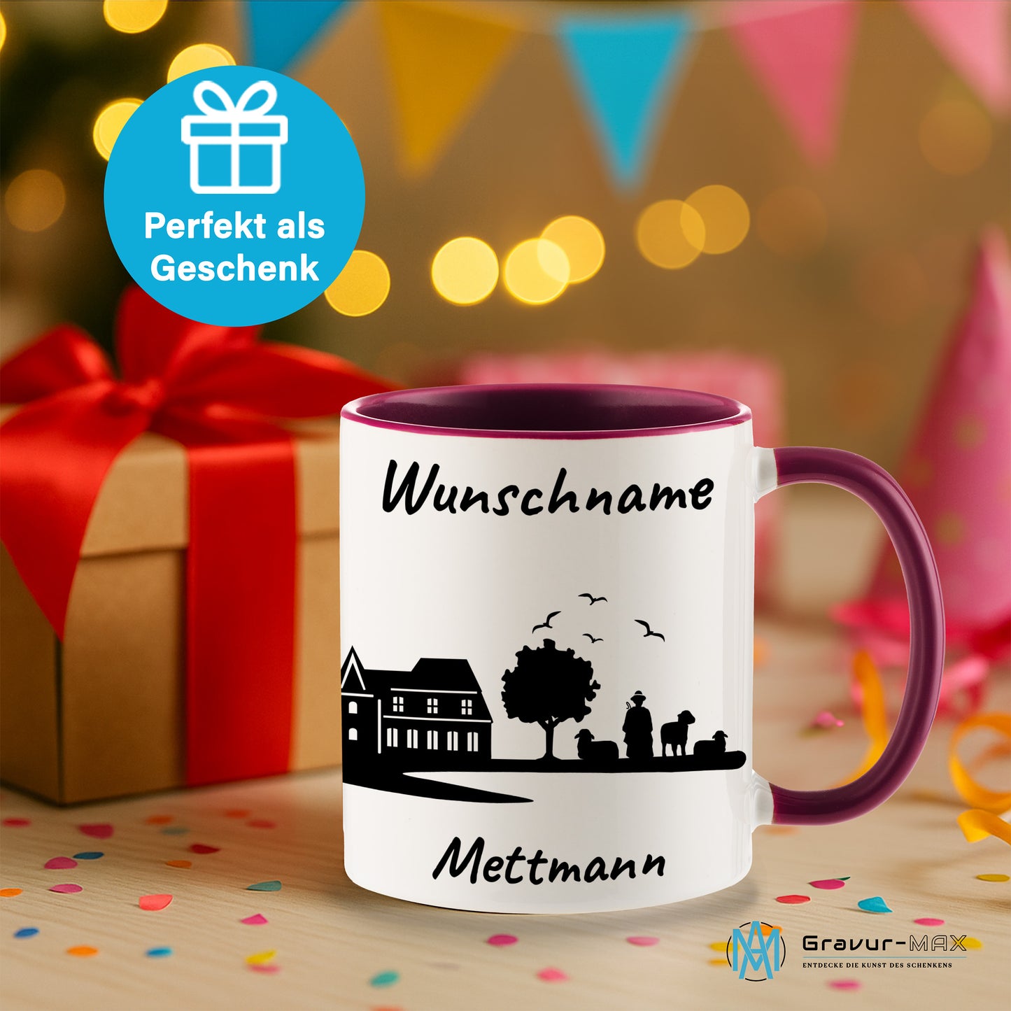 Tasse in Bordeauxrot 330ml bedruckt mit der Skyline von Mettmann personalisierbar mit Wunschname