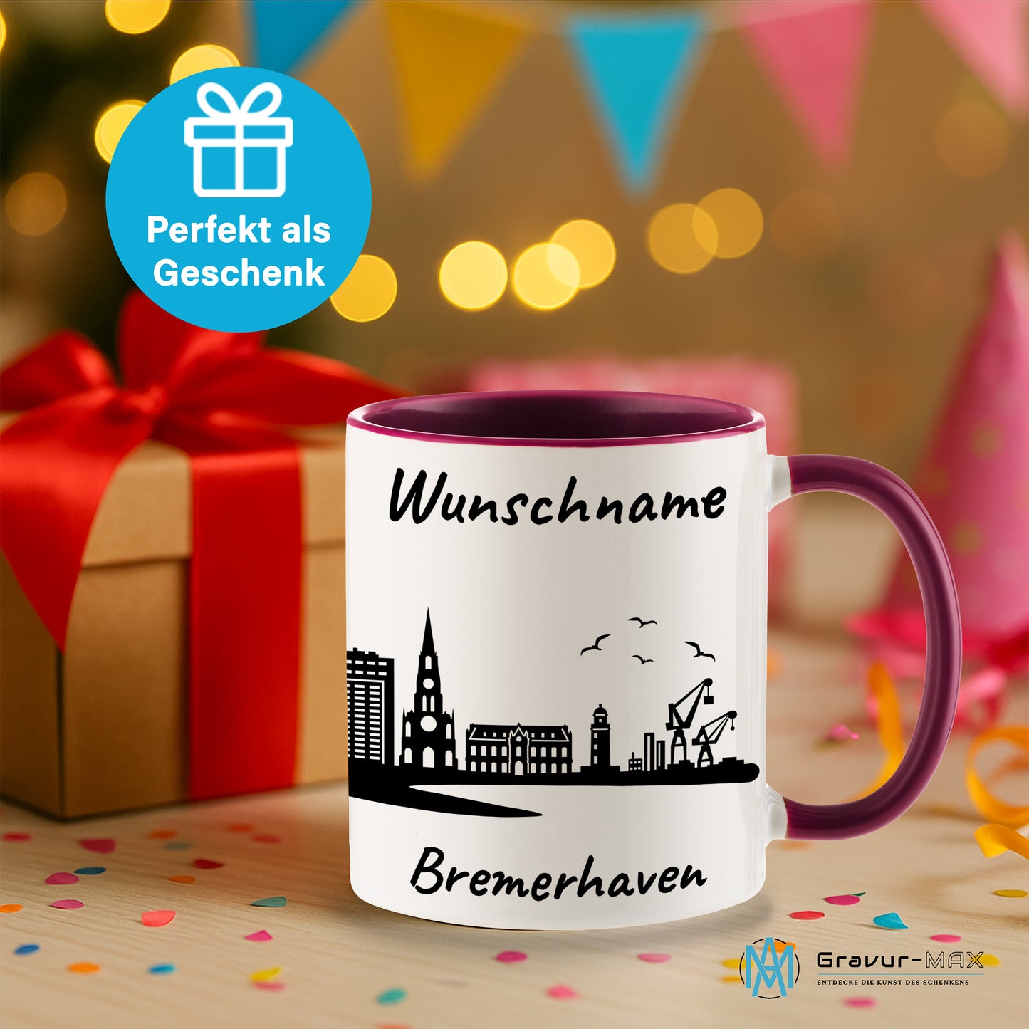 Tasse in Bordeauxrot 330ml bedruckt mit der Skyline von Bremerhaven personalisierbar mit Wunschname
